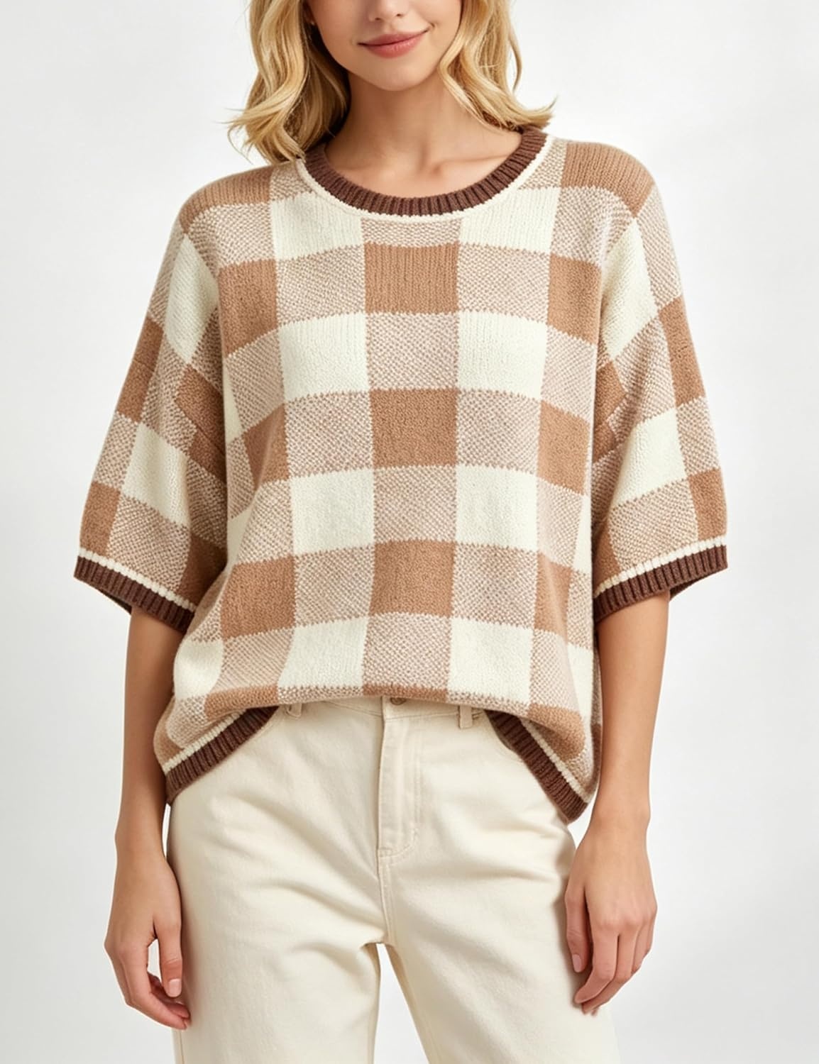 image:imageSpringrain Womens Plaid 34 Sleeve Knit Round Neck SweaterKhaki