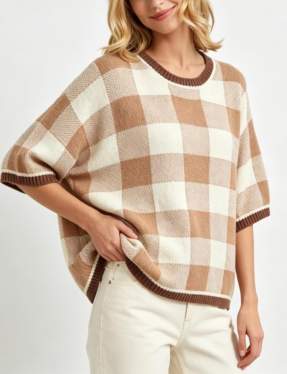 image:imageSpringrain Womens Plaid 34 Sleeve Knit Round Neck SweaterKhaki