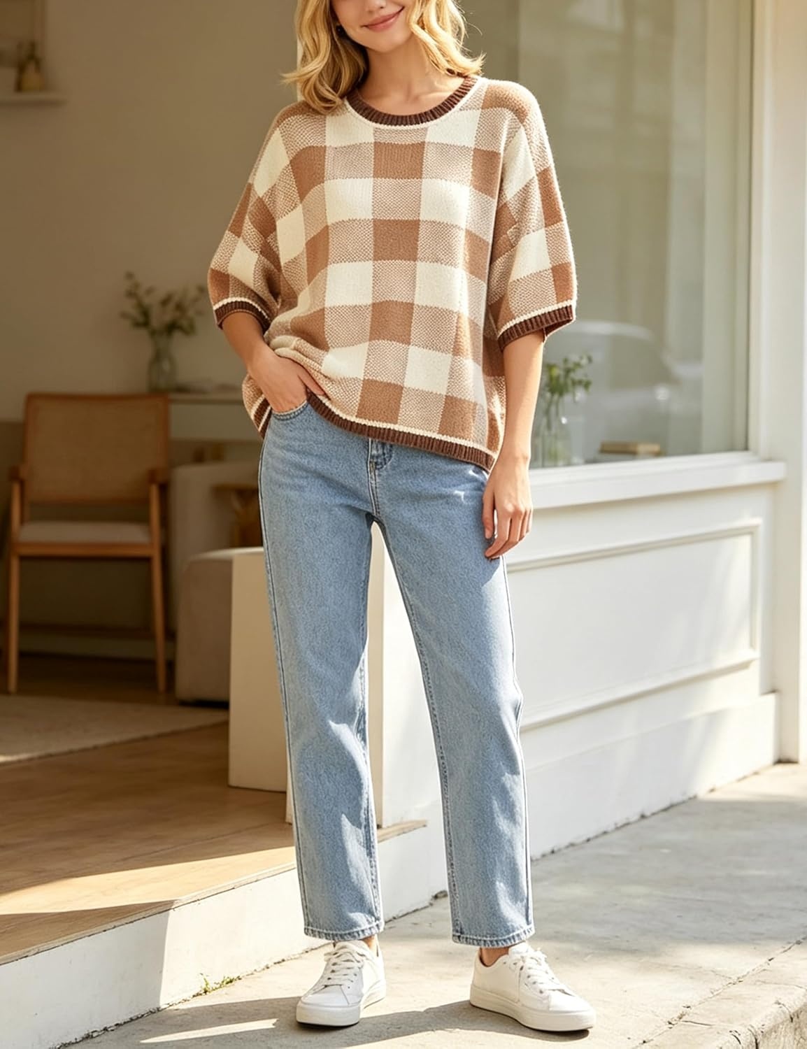 image:imageSpringrain Womens Plaid 34 Sleeve Knit Round Neck SweaterKhaki