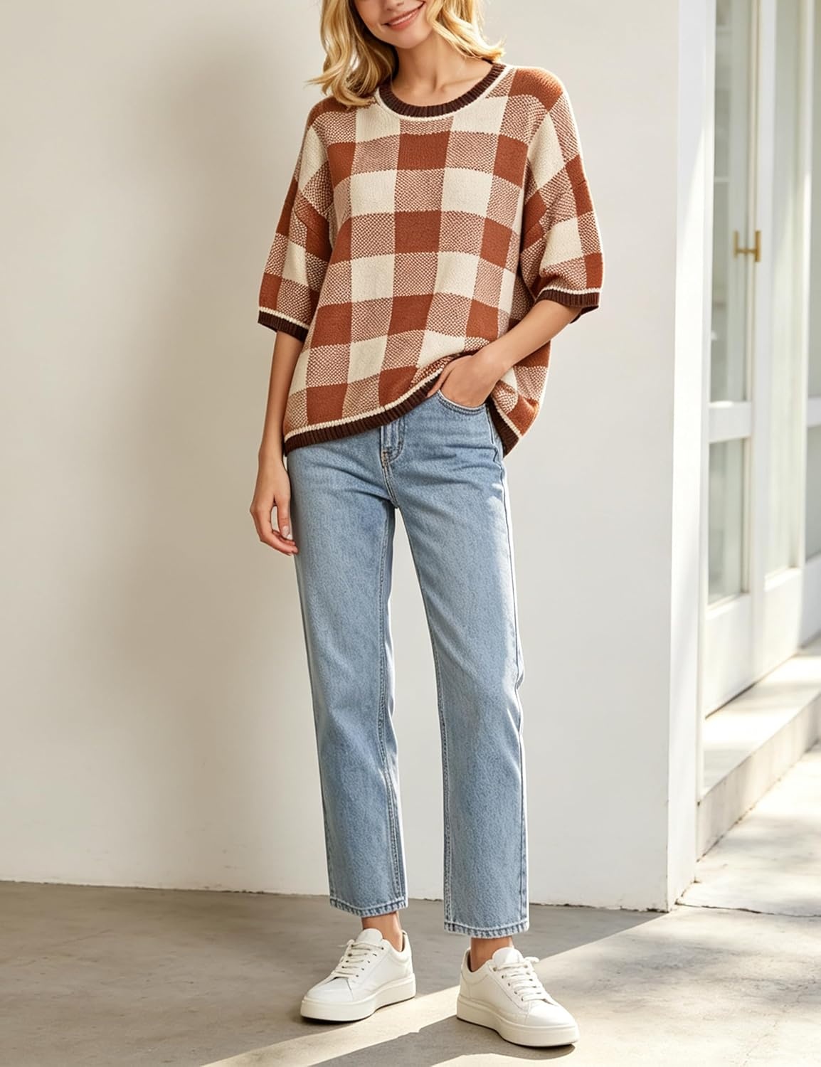 image:imageSpringrain Womens Plaid 34 Sleeve Knit Round Neck SweaterRust
