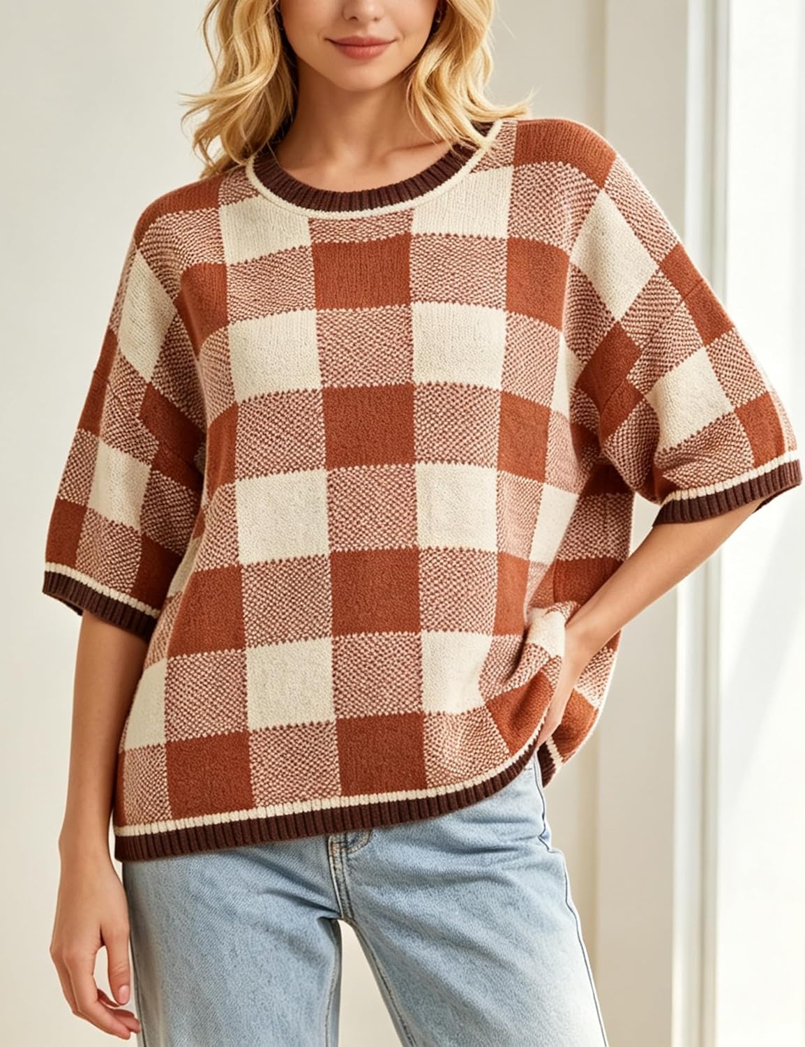 image:imageSpringrain Womens Plaid 34 Sleeve Knit Round Neck SweaterRust