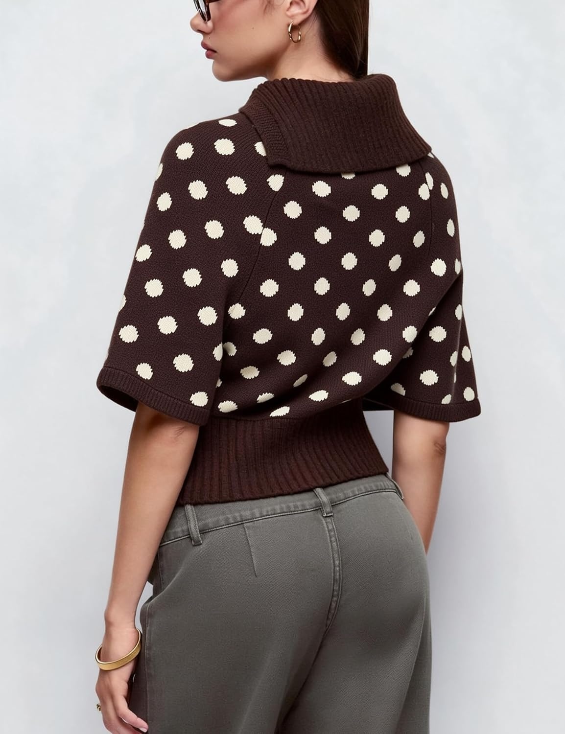 image:imageSpringrain Womens Polka Dot Cropped Knit Sweater Shawl Collar TopBrown