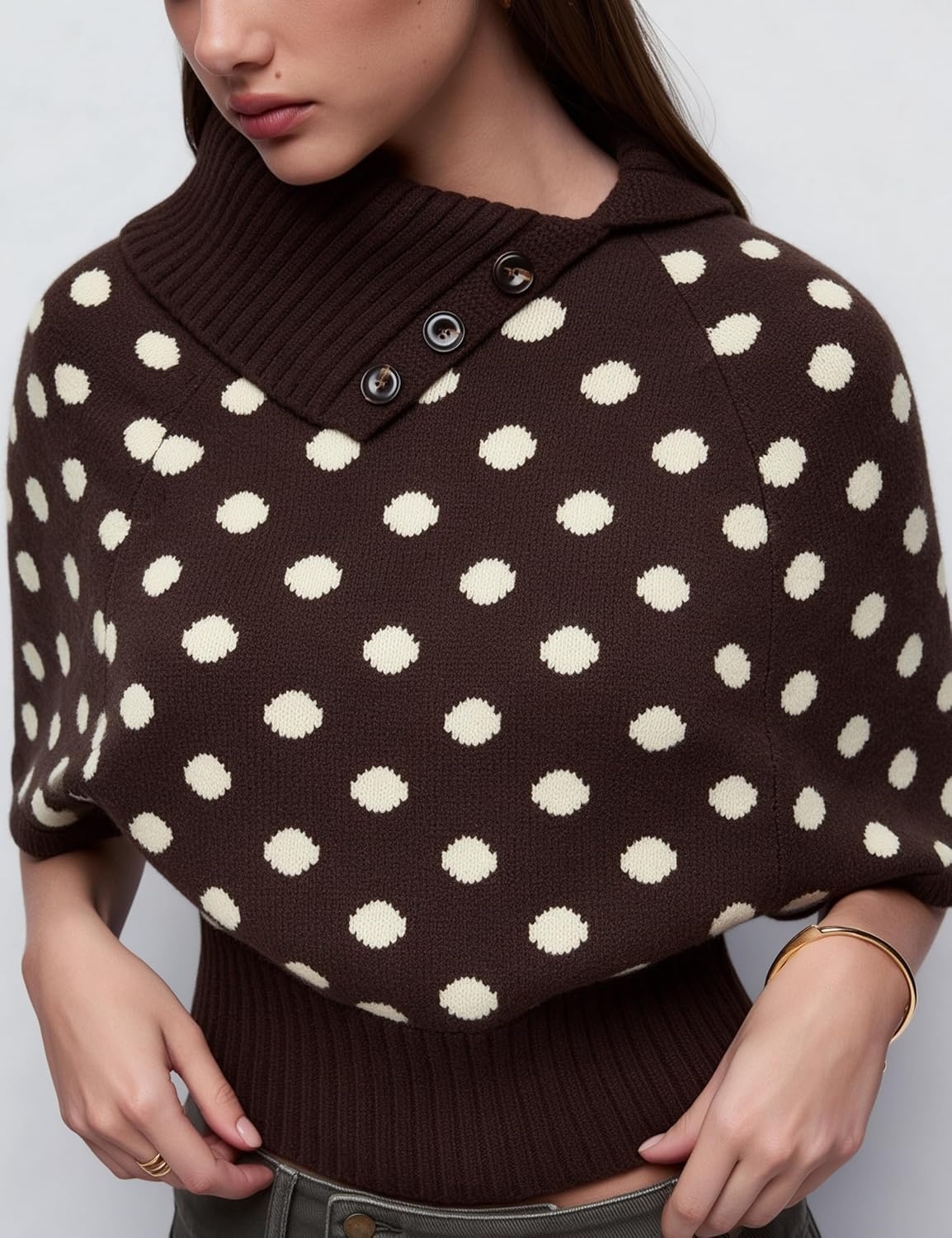 image:imageSpringrain Womens Polka Dot Cropped Knit Sweater Shawl Collar TopBrown