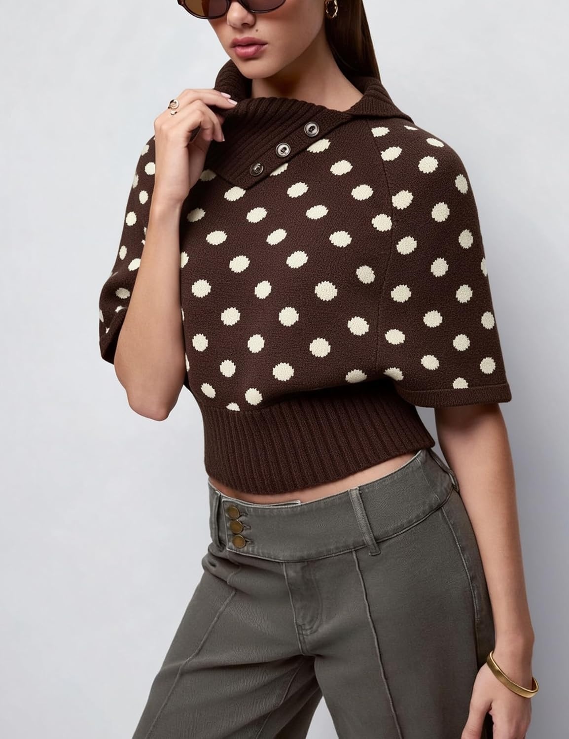 image:imageSpringrain Womens Polka Dot Cropped Knit Sweater Shawl Collar TopBrown