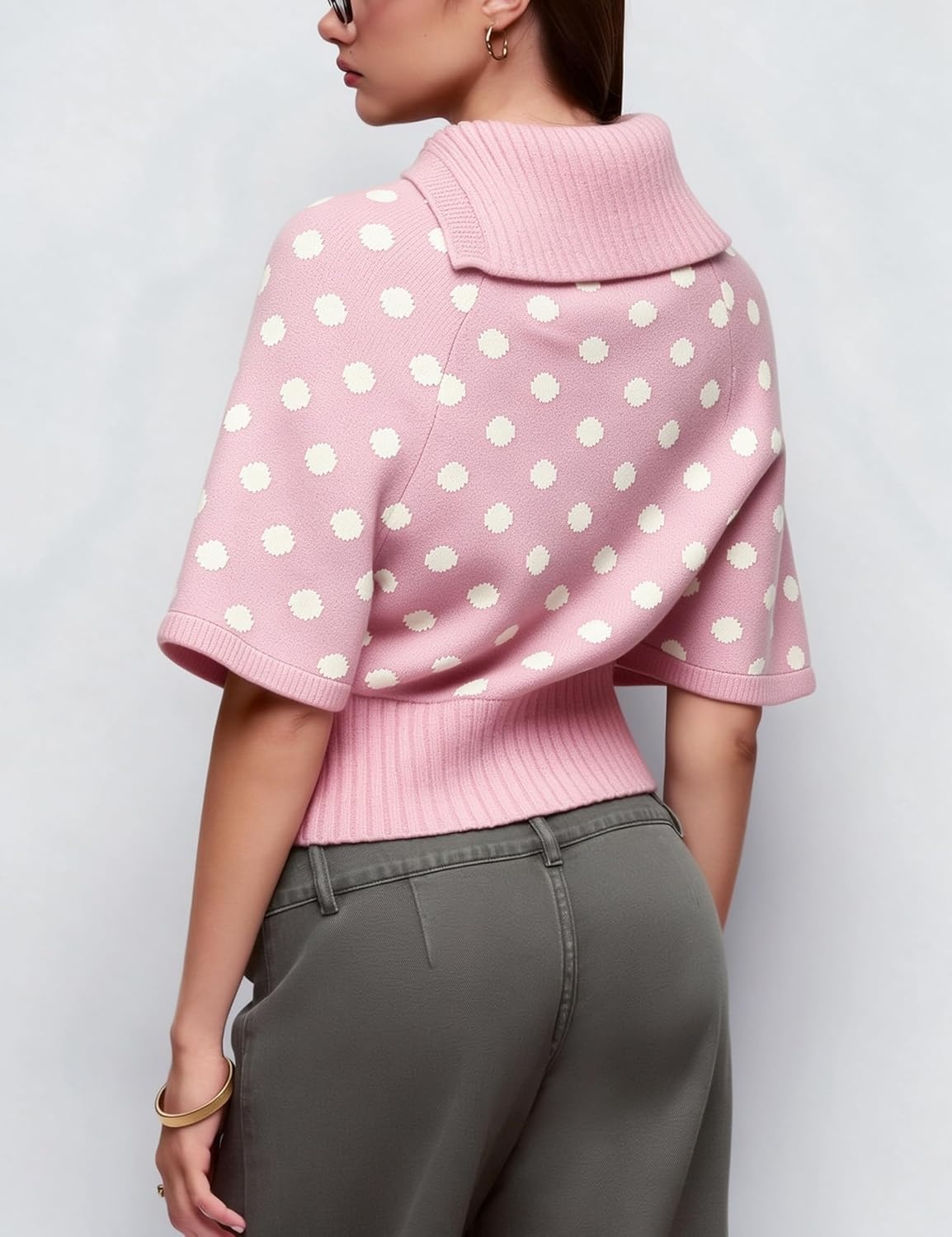 image:imageSpringrain Womens Polka Dot Cropped Knit Sweater Shawl Collar TopPink