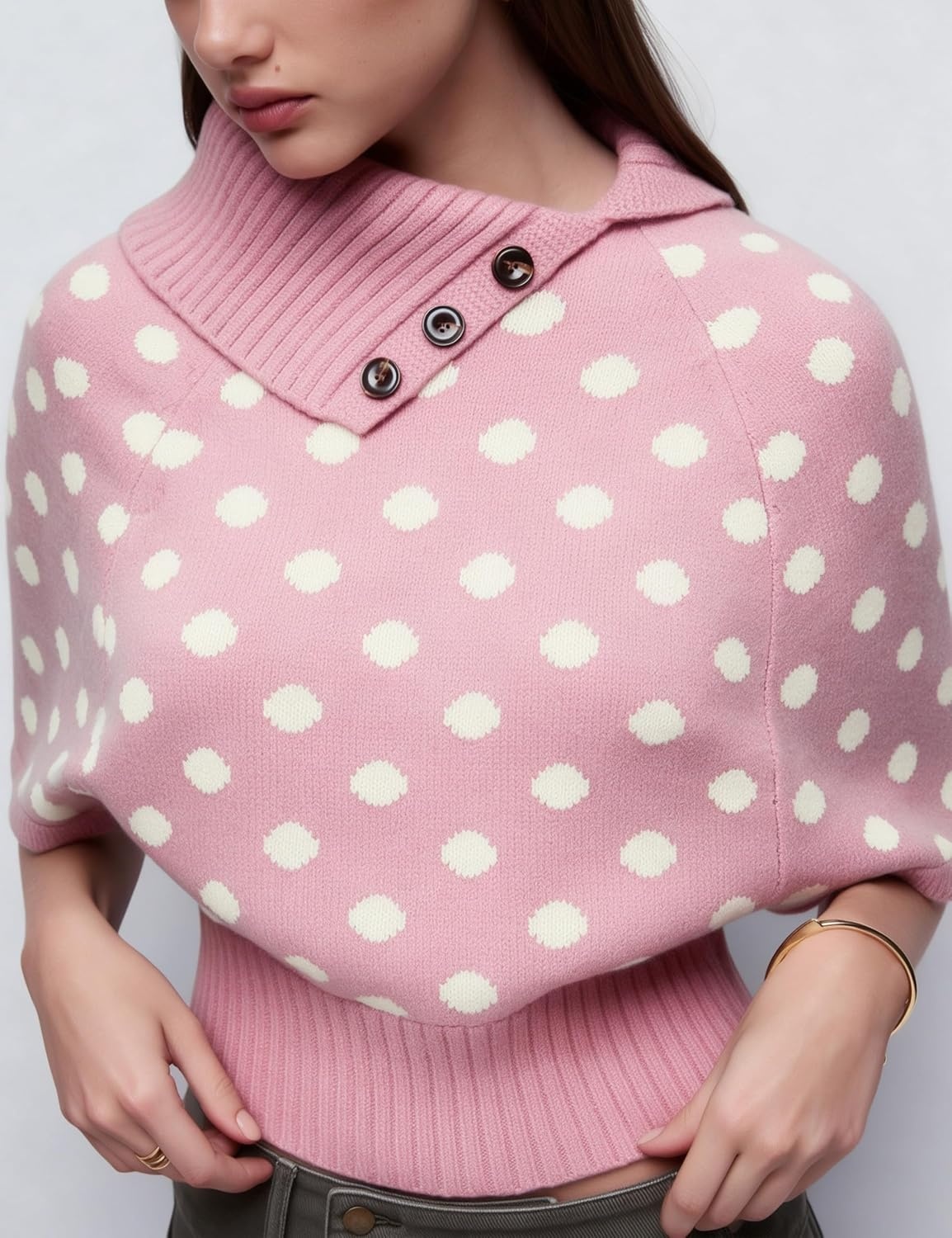 image:imageSpringrain Womens Polka Dot Cropped Knit Sweater Shawl Collar TopPink
