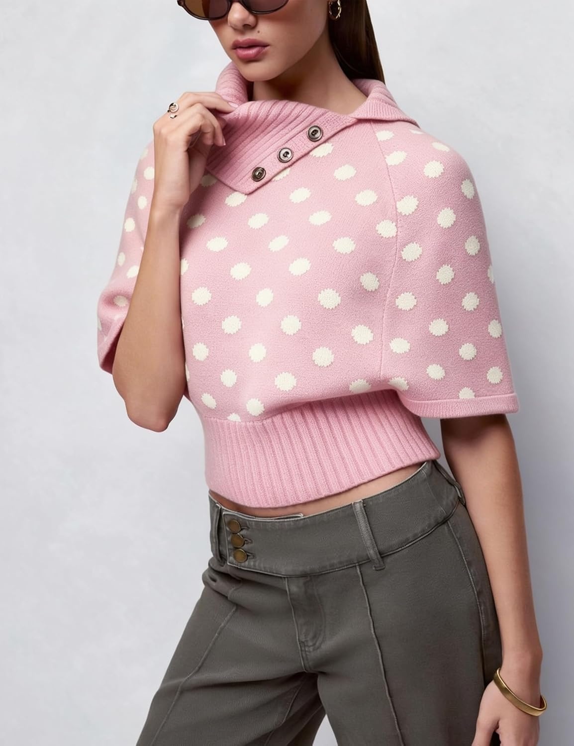 image:imageSpringrain Womens Polka Dot Cropped Knit Sweater Shawl Collar TopPink