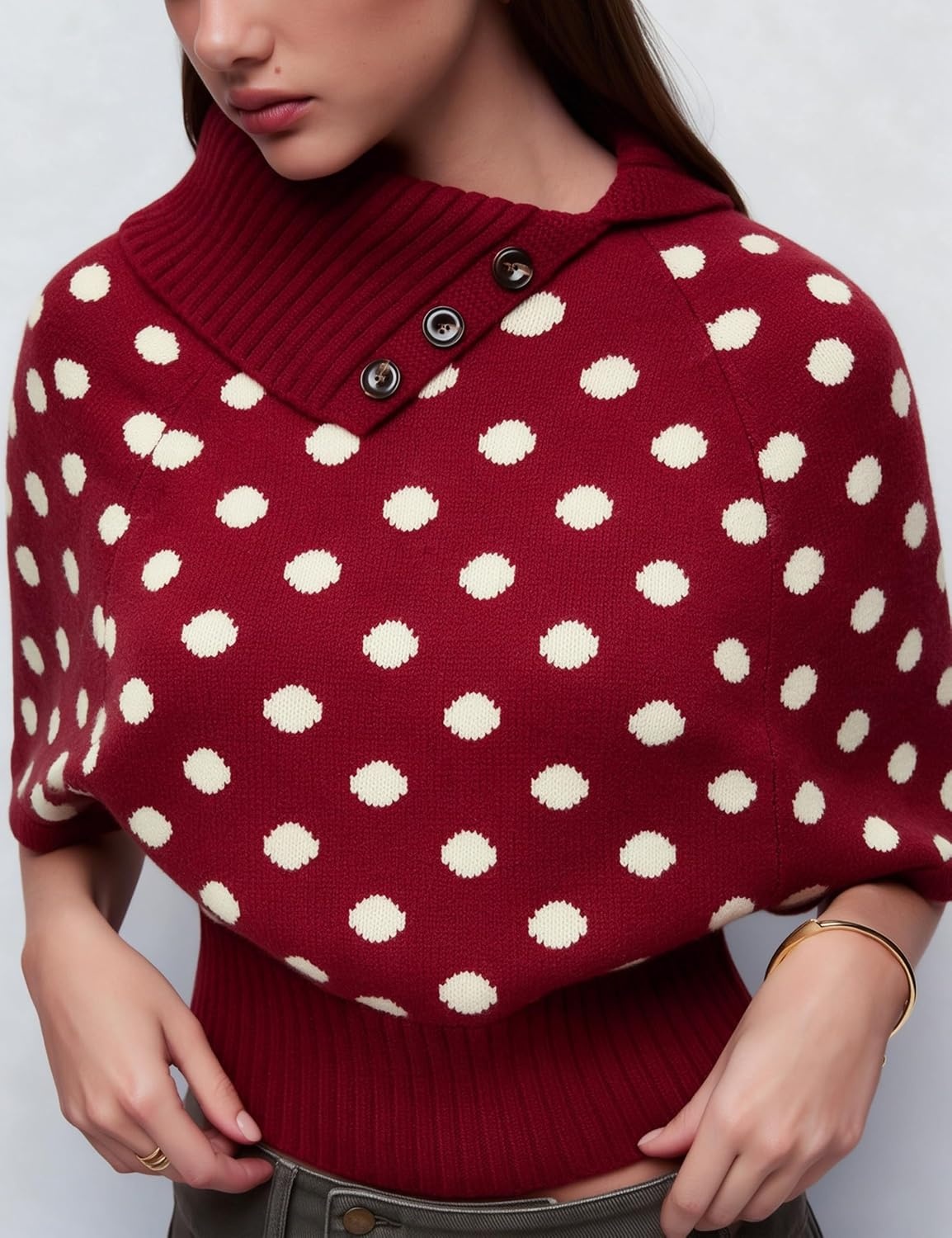image:imageSpringrain Womens Polka Dot Cropped Knit Sweater Shawl Collar TopRed