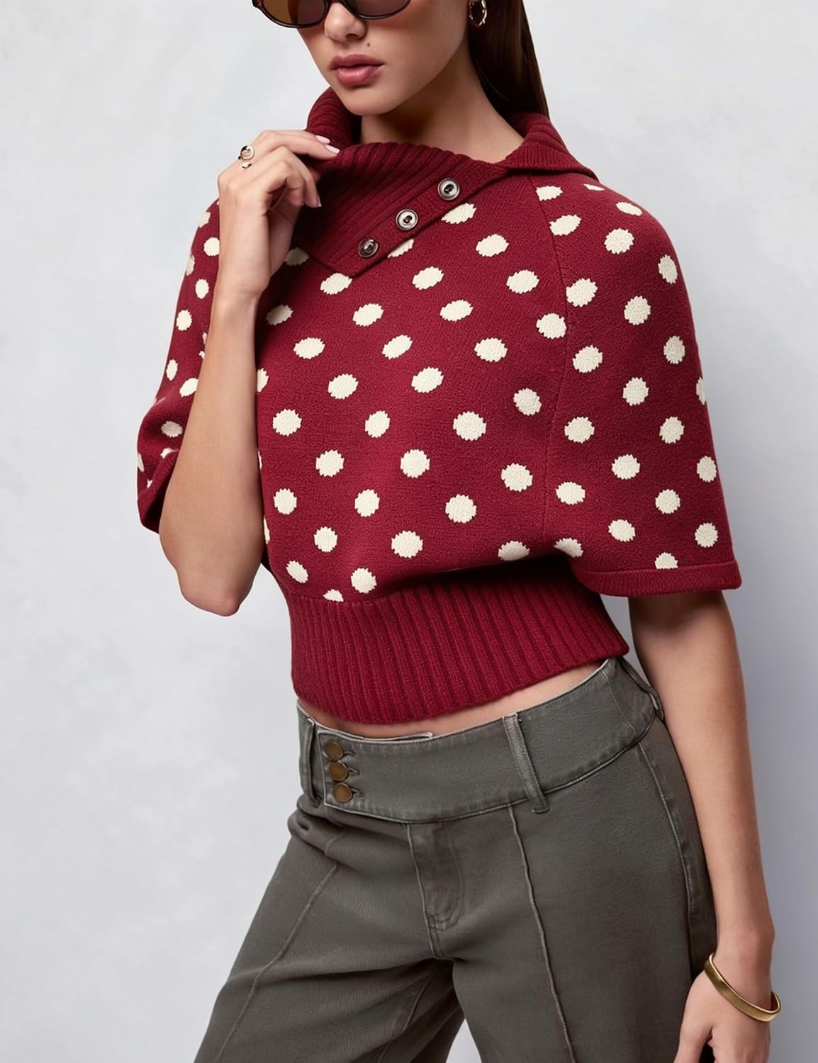 image:imageSpringrain Womens Polka Dot Cropped Knit Sweater Shawl Collar TopRed