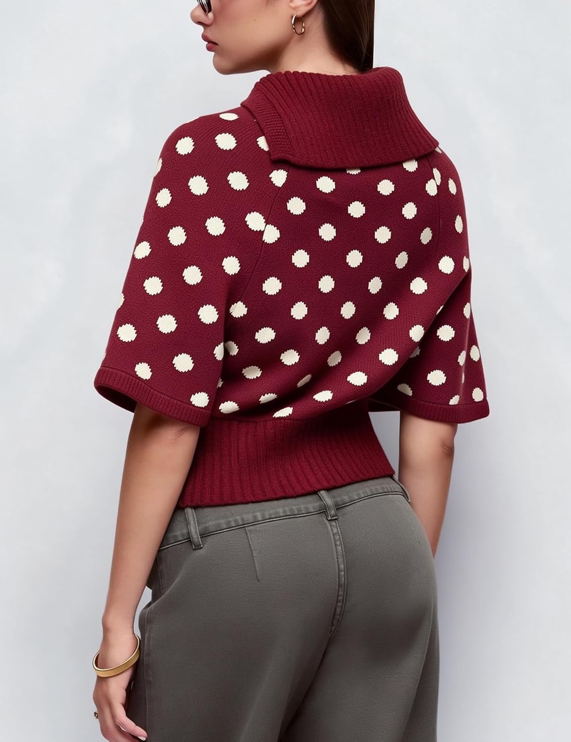 image:imageSpringrain Womens Polka Dot Cropped Knit Sweater Shawl Collar TopRed