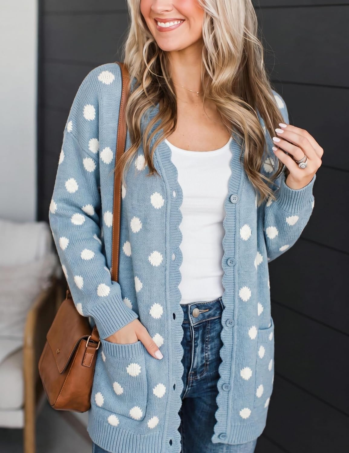 image:imageSpringrain Womens Polka Dot Knit Cardigan Button Long Sleeve SweaterBlue