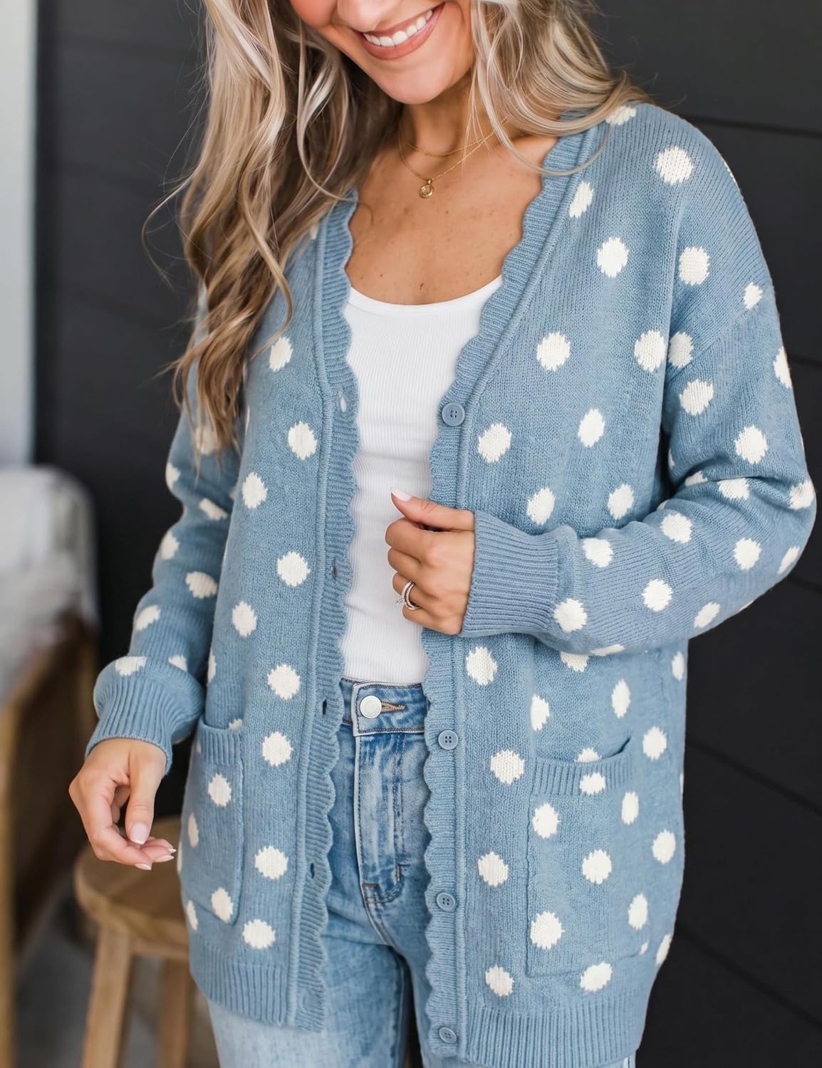 image:imageSpringrain Womens Polka Dot Knit Cardigan Button Long Sleeve SweaterBlue