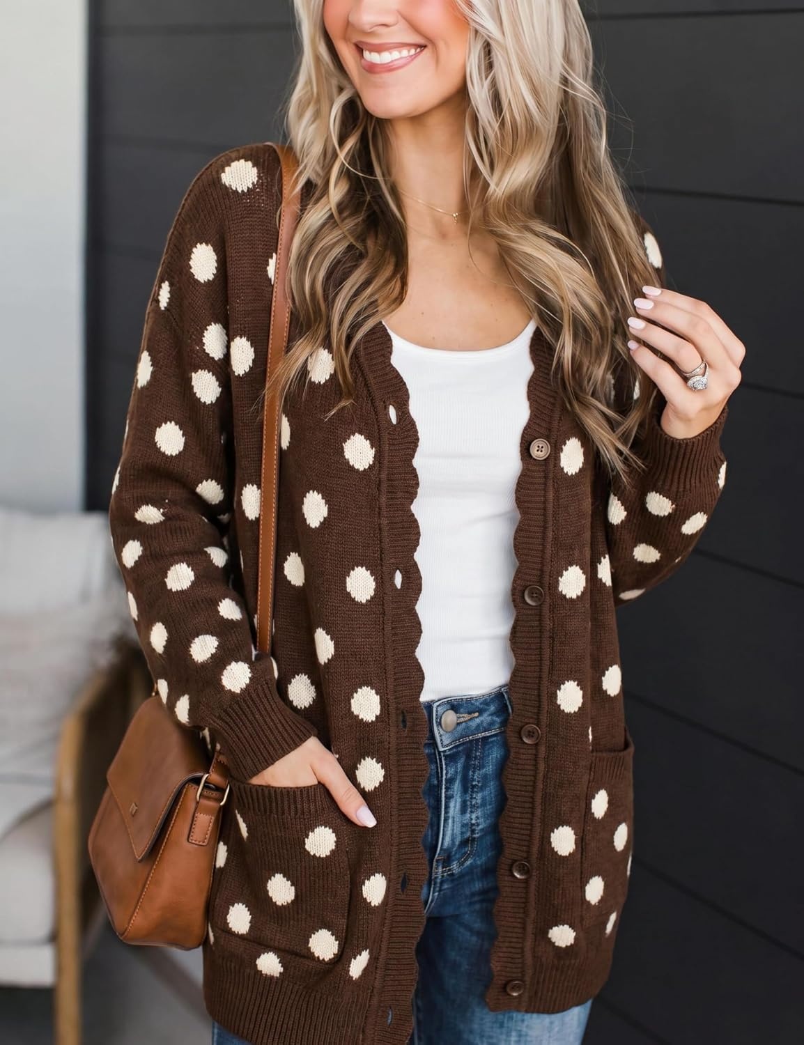 image:imageSpringrain Womens Polka Dot Knit Cardigan Button Long Sleeve SweaterCoffee