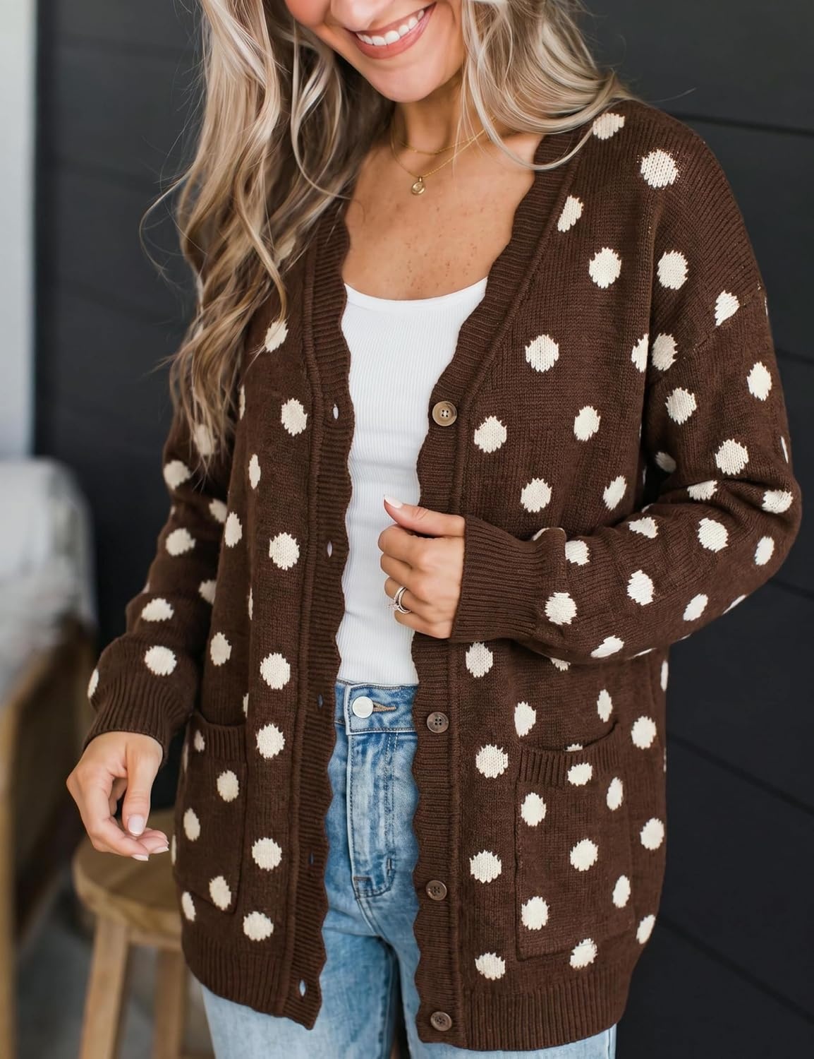 image:imageSpringrain Womens Polka Dot Knit Cardigan Button Long Sleeve SweaterCoffee