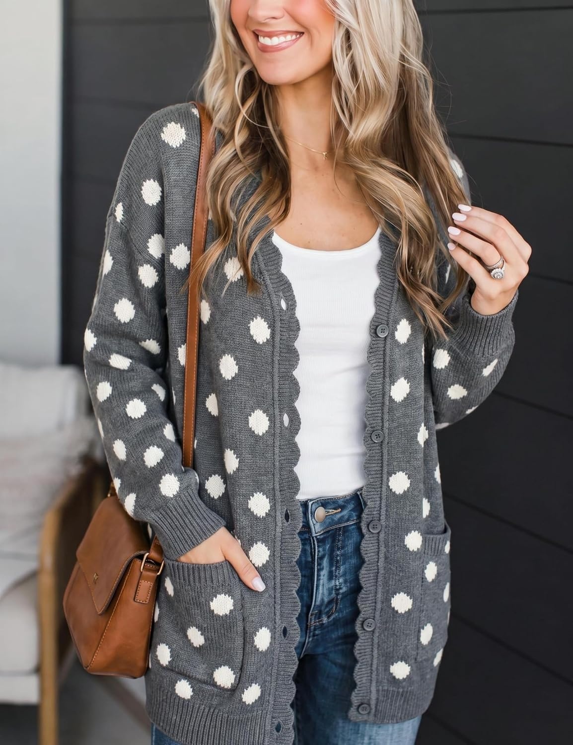 image:imageSpringrain Womens Polka Dot Knit Cardigan Button Long Sleeve SweaterGrey