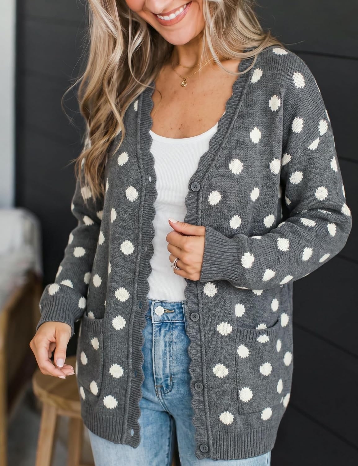image:imageSpringrain Womens Polka Dot Knit Cardigan Button Long Sleeve SweaterGrey