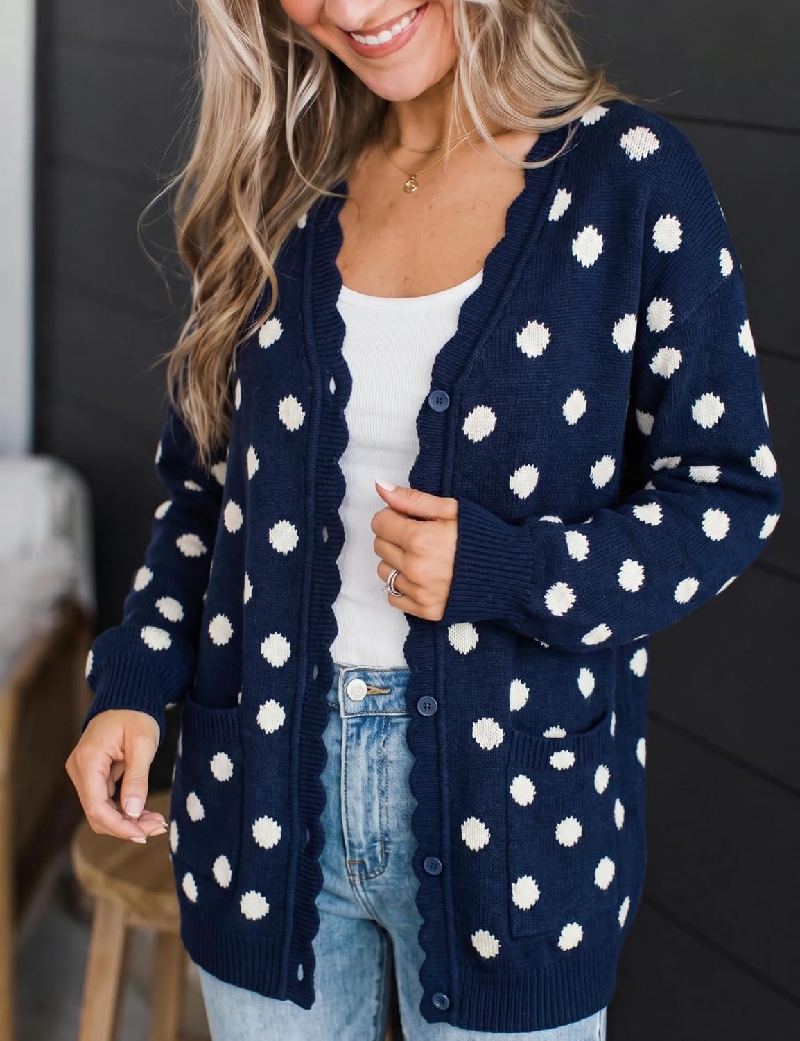 image:imageSpringrain Womens Polka Dot Knit Cardigan Button Long Sleeve SweaterNavy