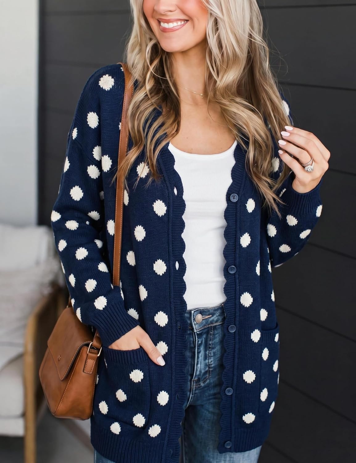 image:imageSpringrain Womens Polka Dot Knit Cardigan Button Long Sleeve SweaterNavy