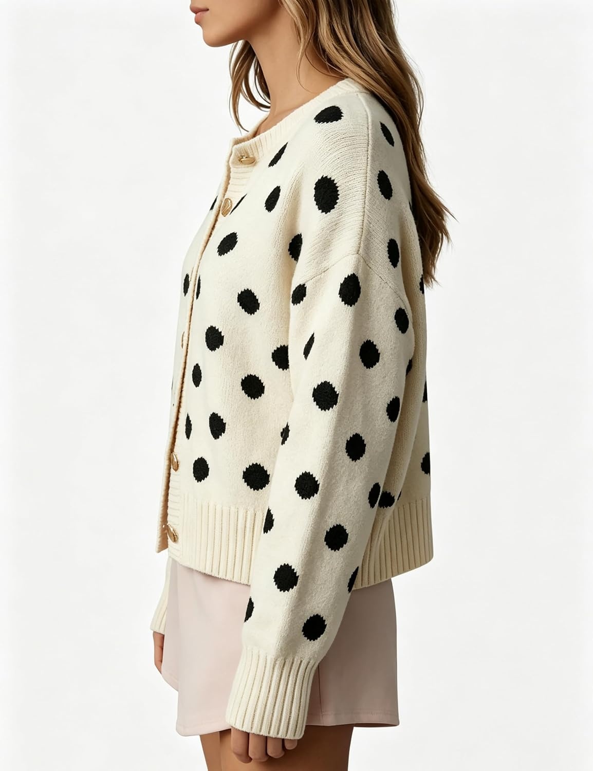 image:imageSpringrain Womens Polka Dot Knit Cardigan Crew Neck Long Sleeve SweaterBeige