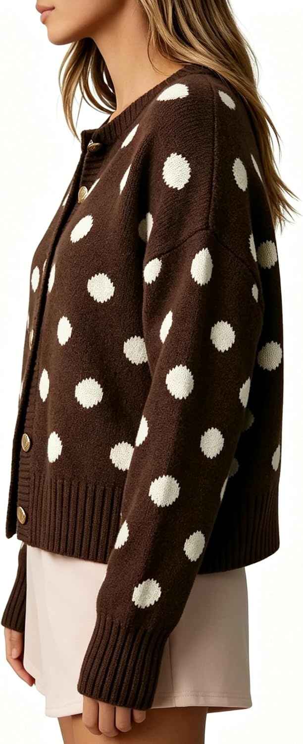 image:imageSpringrain Womens Polka Dot Knit Cardigan Crew Neck Long Sleeve SweaterCoffee