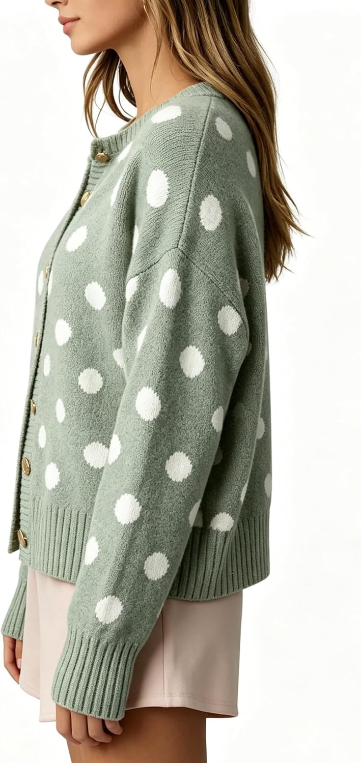 image:imageSpringrain Womens Polka Dot Knit Cardigan Crew Neck Long Sleeve SweaterPeagreen