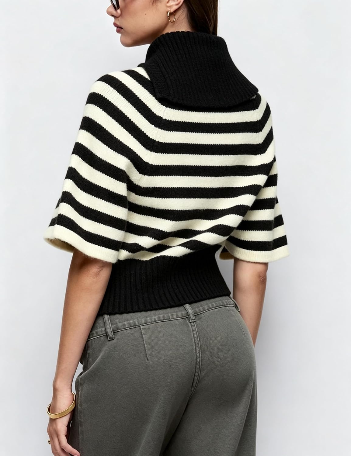 image:imageSpringrain Womens Striped Cropped Knit Sweater Shawl Collar Pullover TopBlack