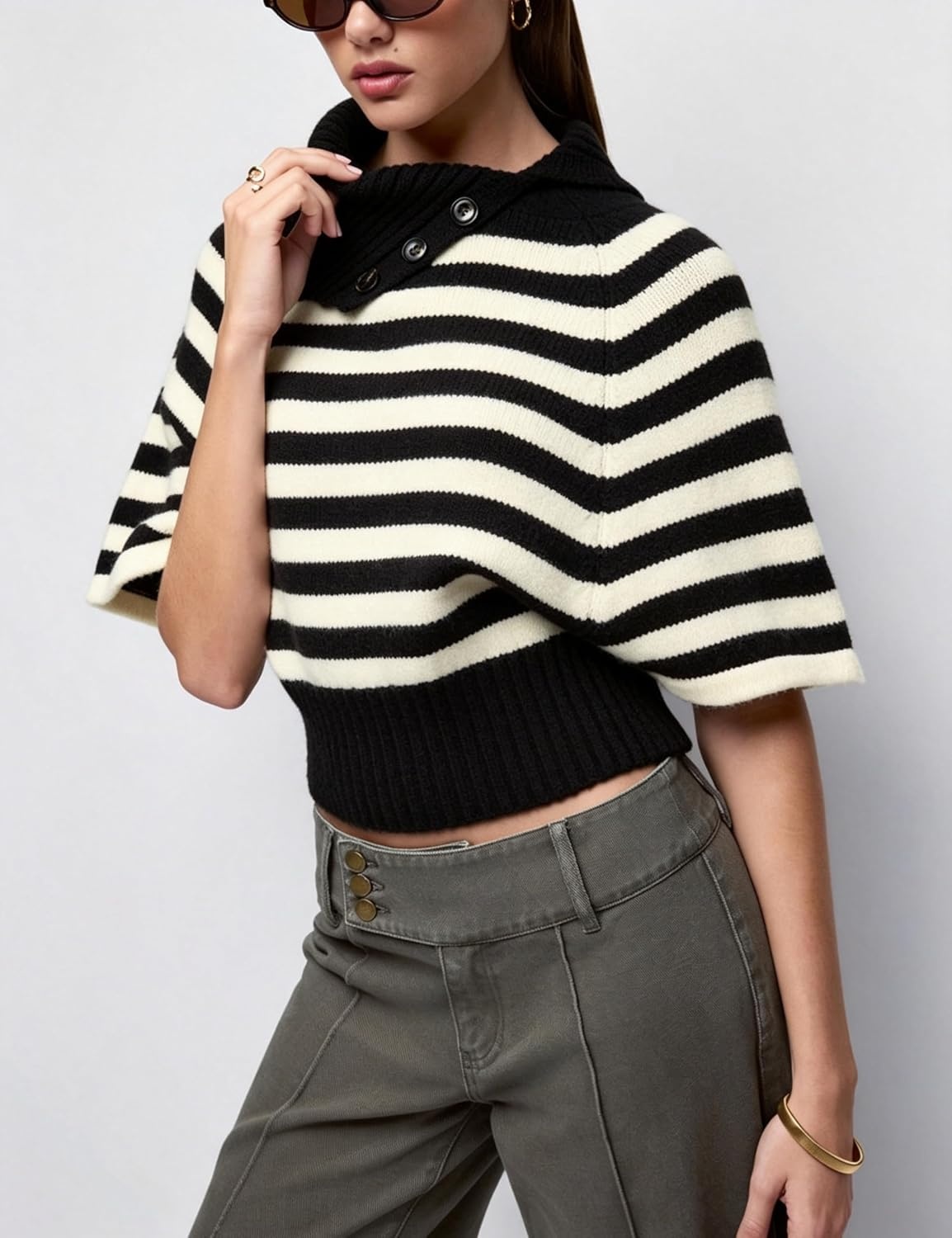 image:imageSpringrain Womens Striped Cropped Knit Sweater Shawl Collar Pullover TopBlack