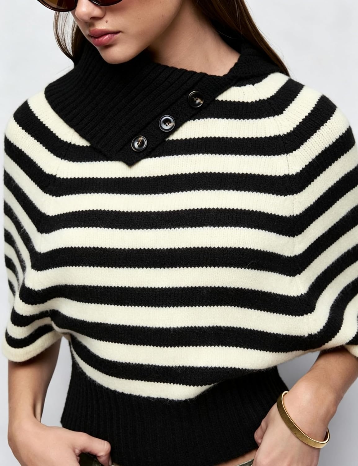 image:imageSpringrain Womens Striped Cropped Knit Sweater Shawl Collar Pullover TopBlack