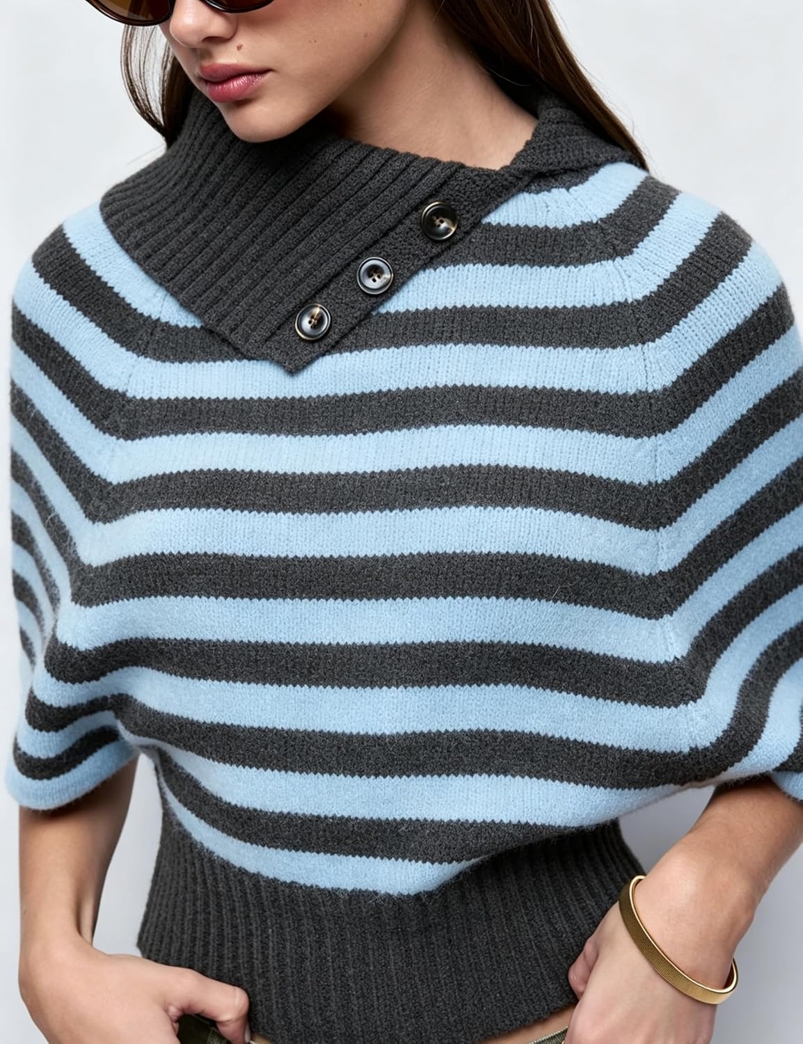 image:imageSpringrain Womens Striped Cropped Knit Sweater Shawl Collar Pullover TopBlue