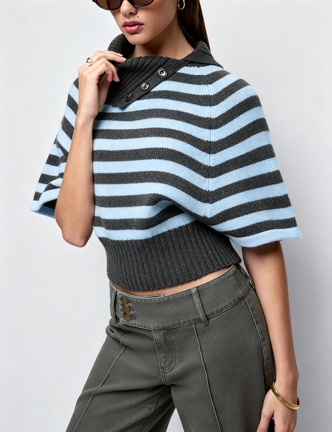 image:imageSpringrain Womens Striped Cropped Knit Sweater Shawl Collar Pullover TopBlue