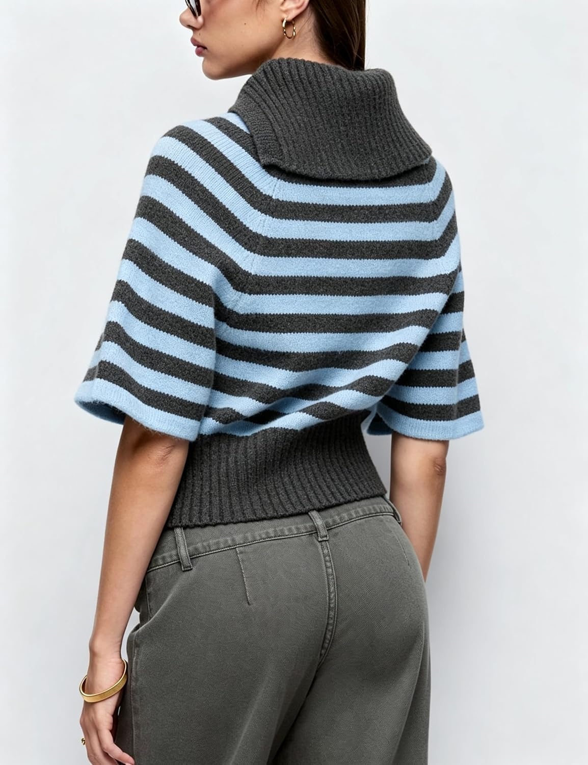 image:imageSpringrain Womens Striped Cropped Knit Sweater Shawl Collar Pullover TopBlue