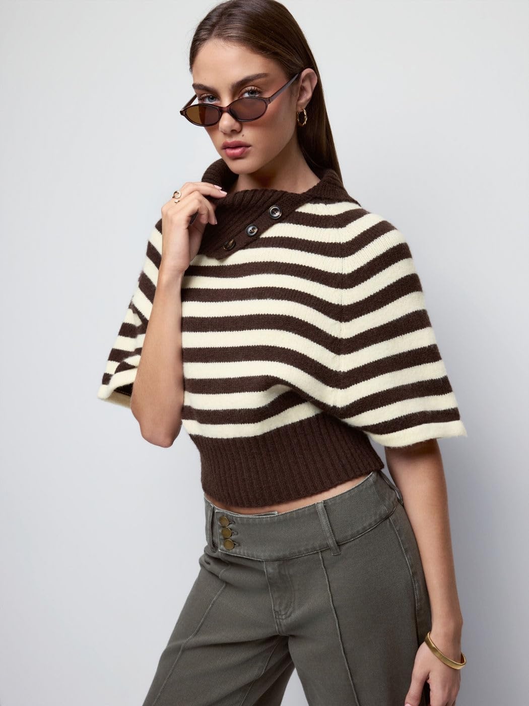 image:imageSpringrain Womens Striped Cropped Knit Sweater Shawl Collar Pullover TopBrown