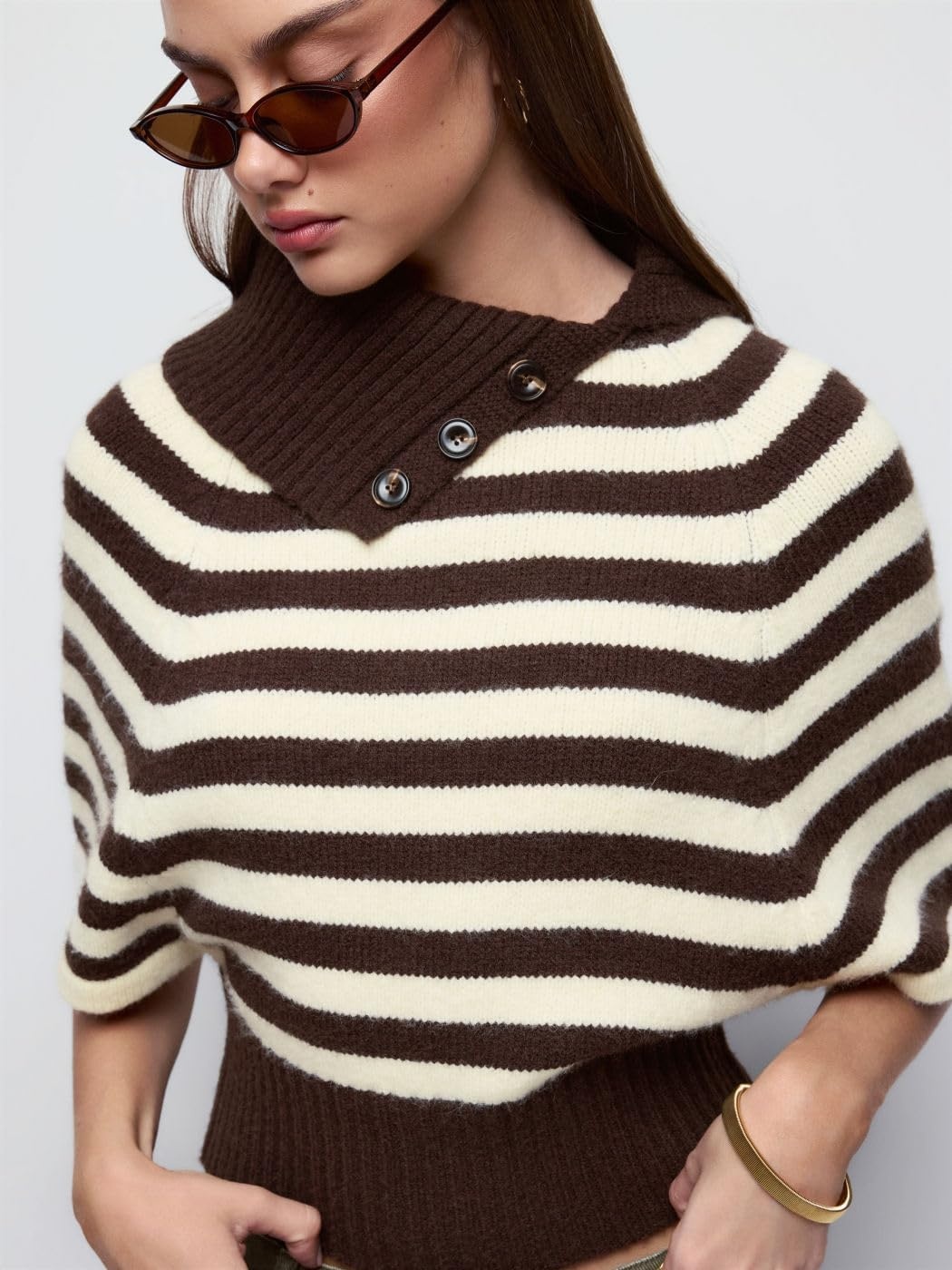 image:imageSpringrain Womens Striped Cropped Knit Sweater Shawl Collar Pullover TopBrown