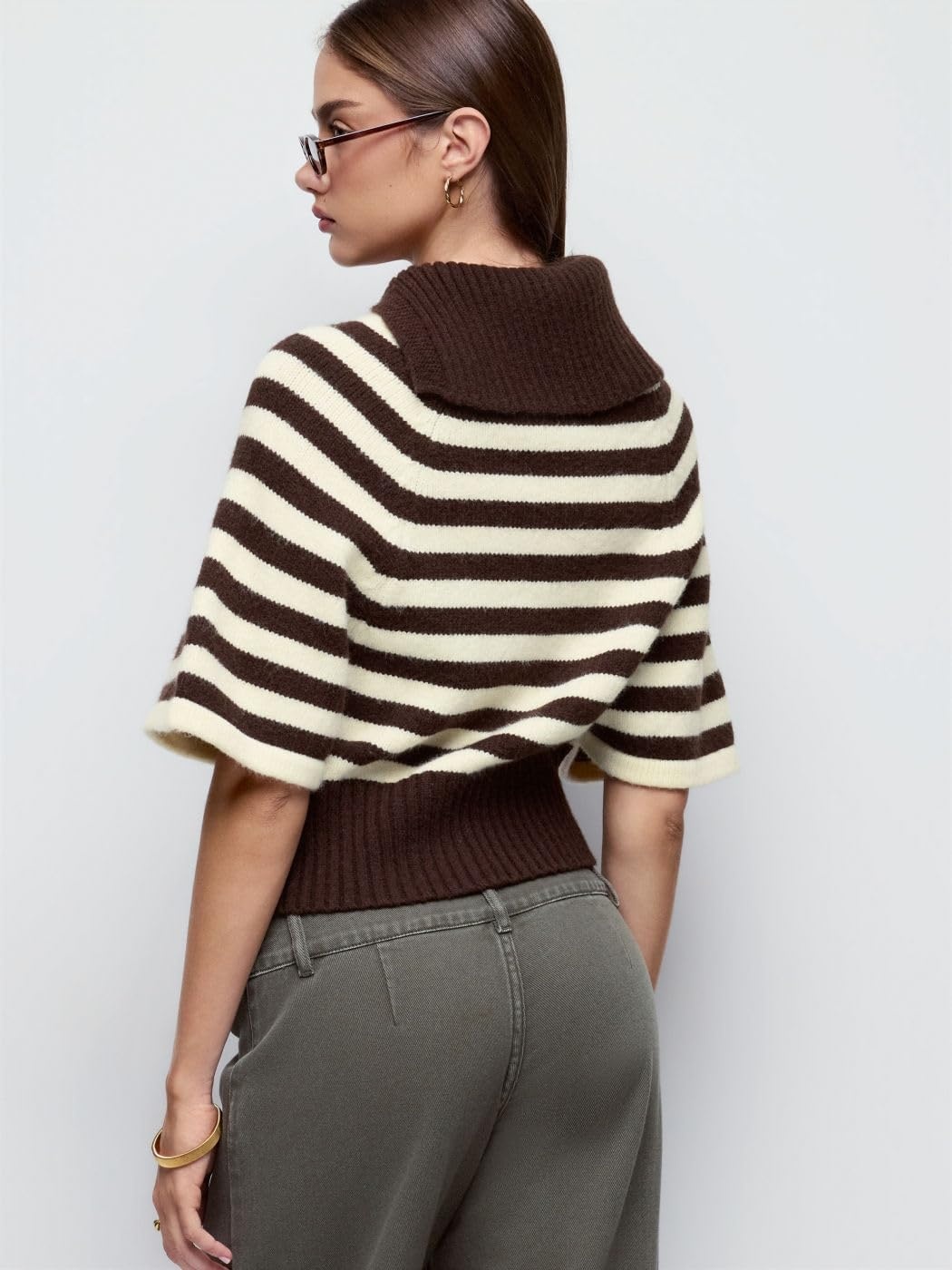 image:imageSpringrain Womens Striped Cropped Knit Sweater Shawl Collar Pullover TopBrown