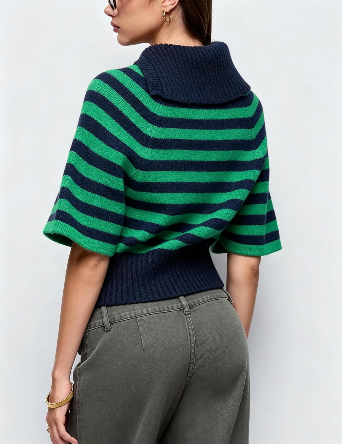 image:imageSpringrain Womens Striped Cropped Knit Sweater Shawl Collar Pullover TopGreen