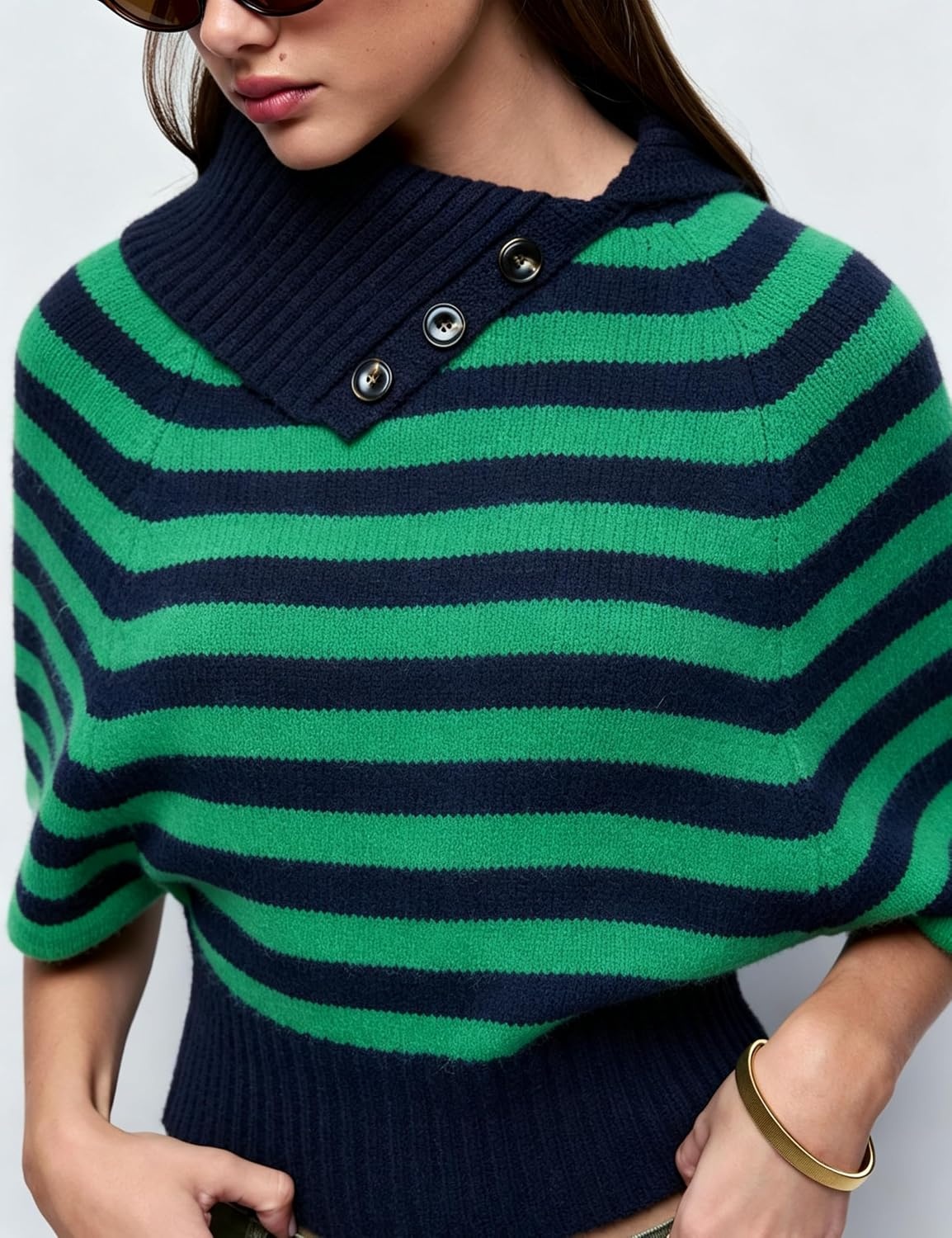 image:imageSpringrain Womens Striped Cropped Knit Sweater Shawl Collar Pullover TopGreen