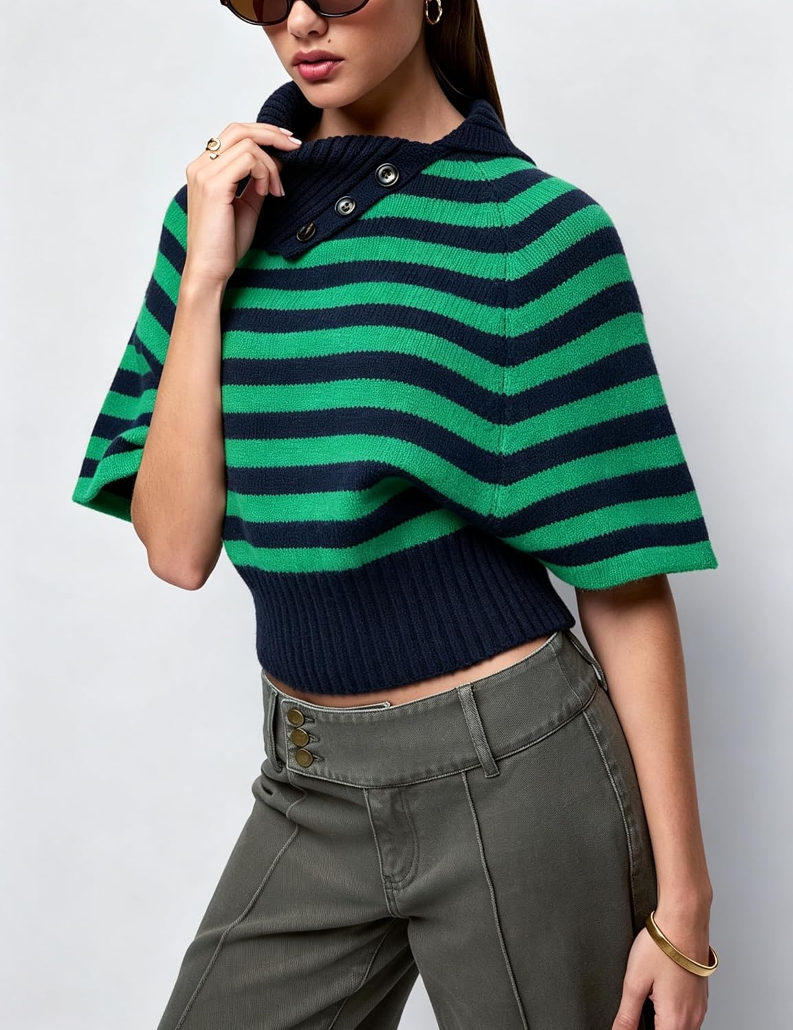 image:imageSpringrain Womens Striped Cropped Knit Sweater Shawl Collar Pullover TopGreen