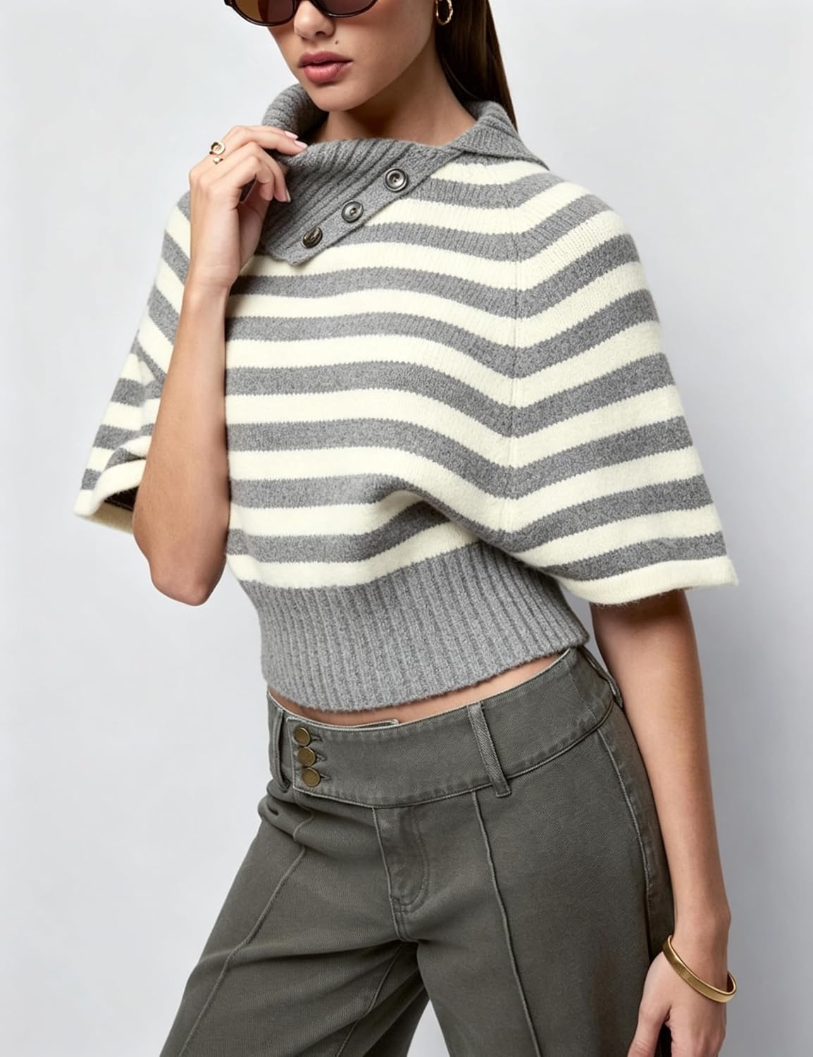 image:imageSpringrain Womens Striped Cropped Knit Sweater Shawl Collar Pullover TopGrey