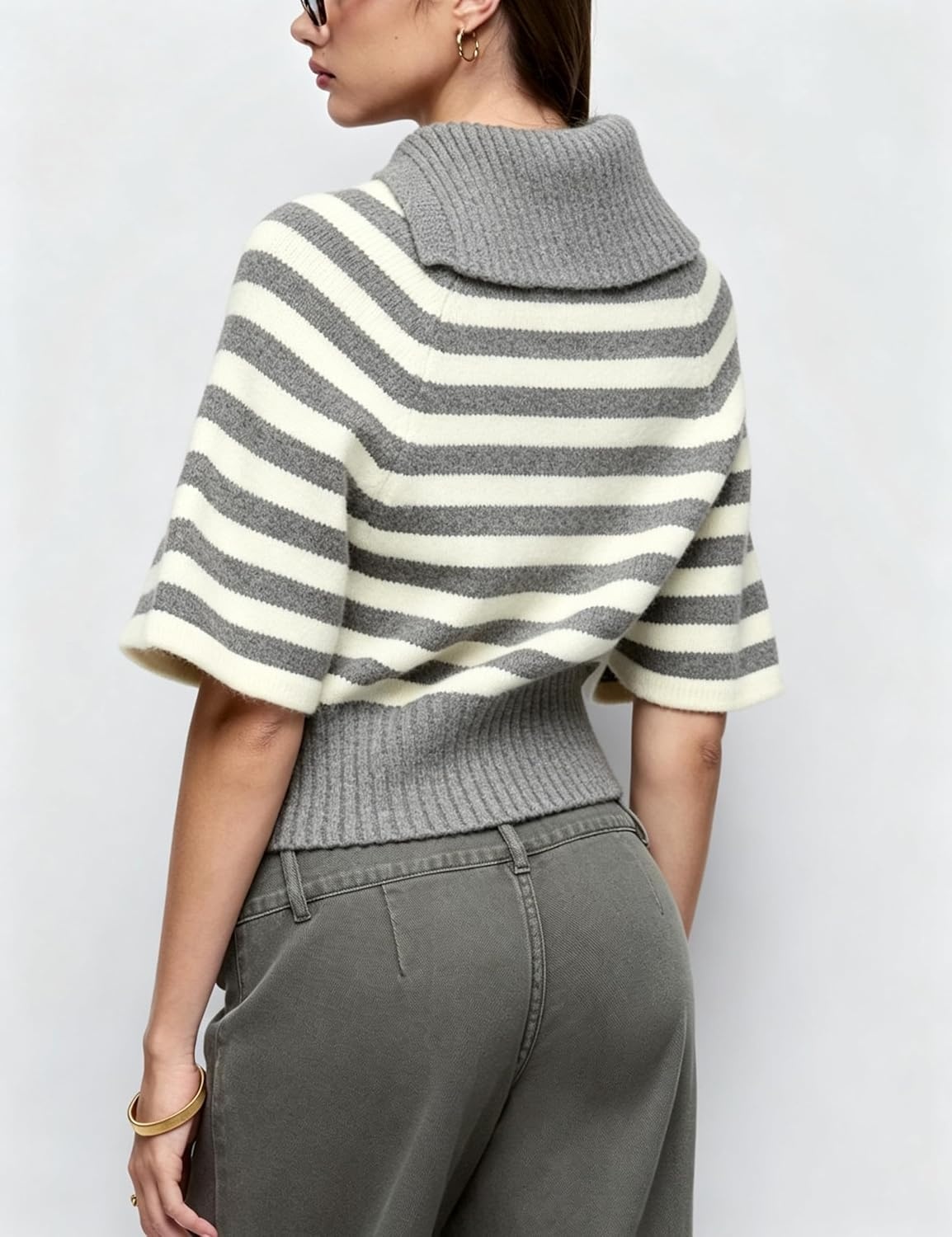 image:imageSpringrain Womens Striped Cropped Knit Sweater Shawl Collar Pullover TopGrey