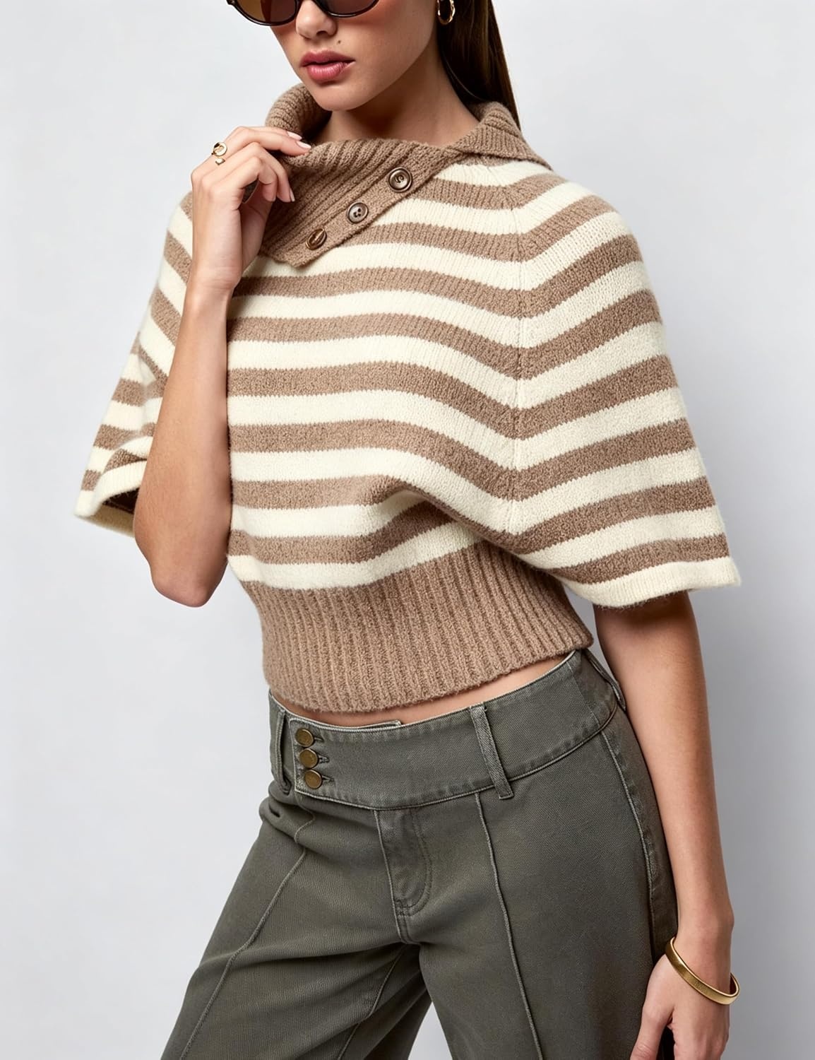 image:imageSpringrain Womens Striped Cropped Knit Sweater Shawl Collar Pullover TopKhaki