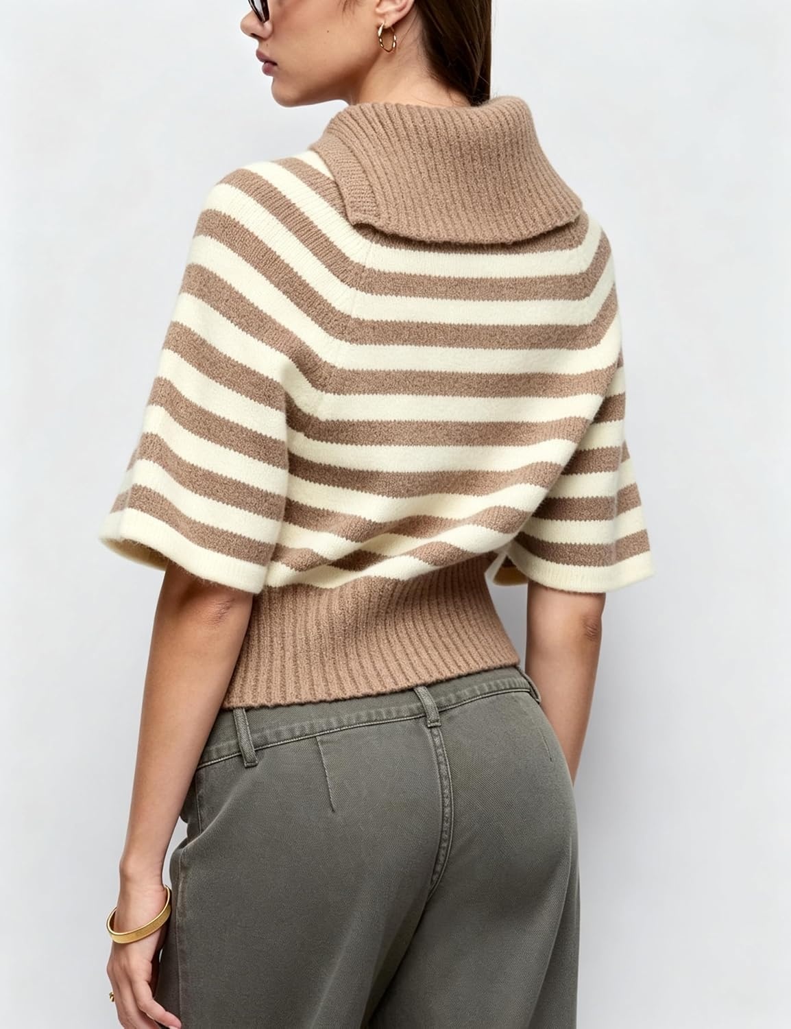 image:imageSpringrain Womens Striped Cropped Knit Sweater Shawl Collar Pullover TopKhaki