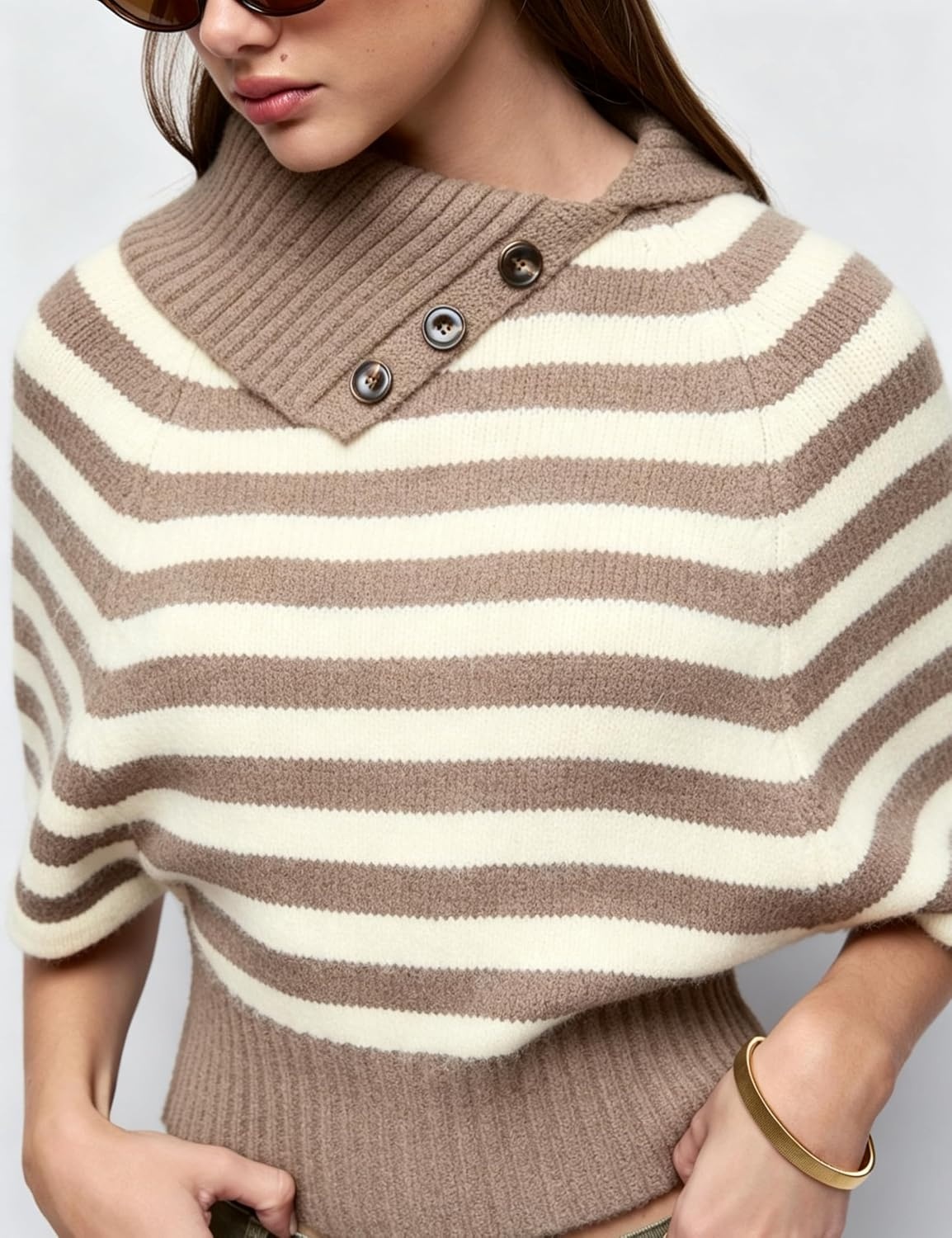 image:imageSpringrain Womens Striped Cropped Knit Sweater Shawl Collar Pullover TopKhaki