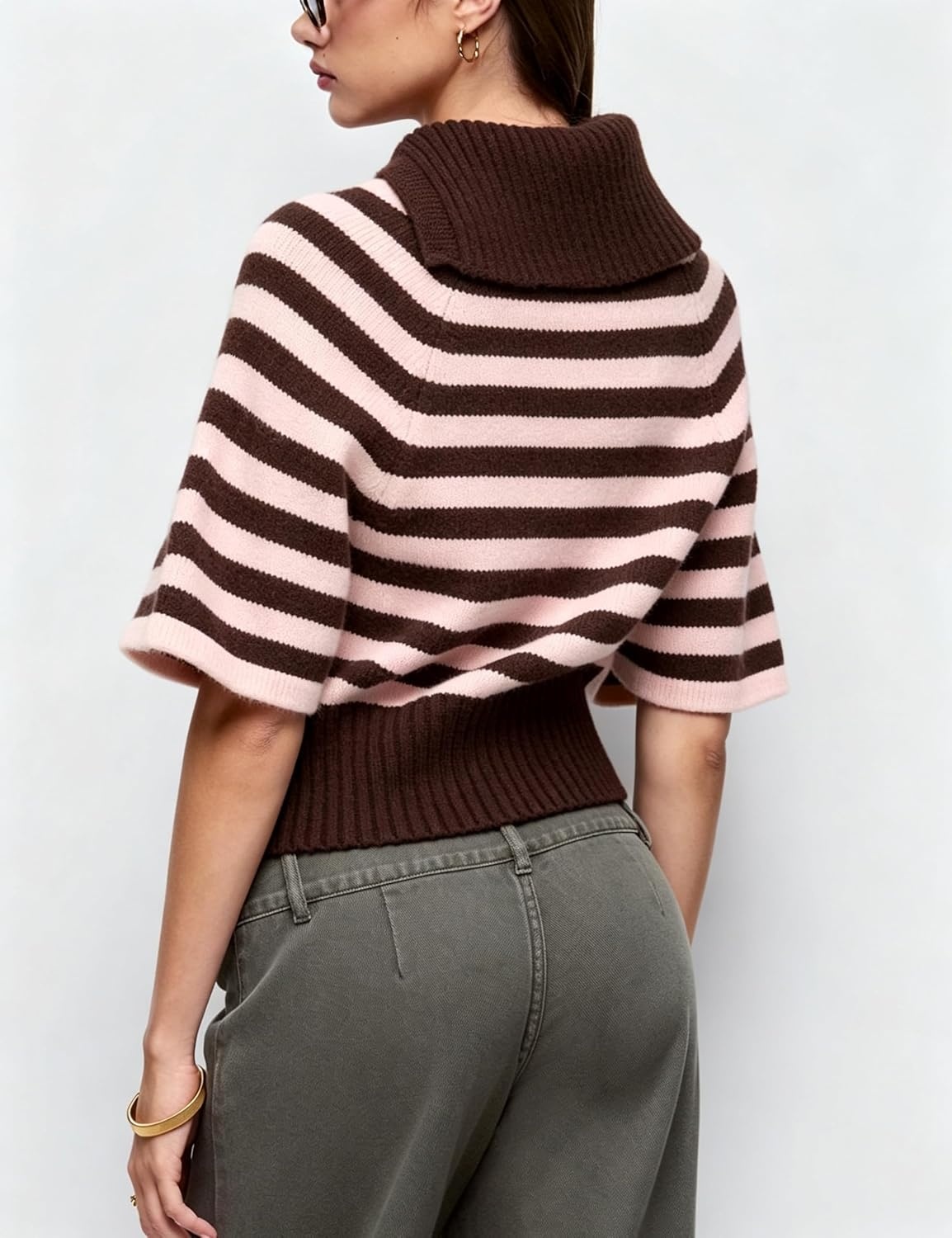 image:imageSpringrain Womens Striped Cropped Knit Sweater Shawl Collar Pullover TopPink