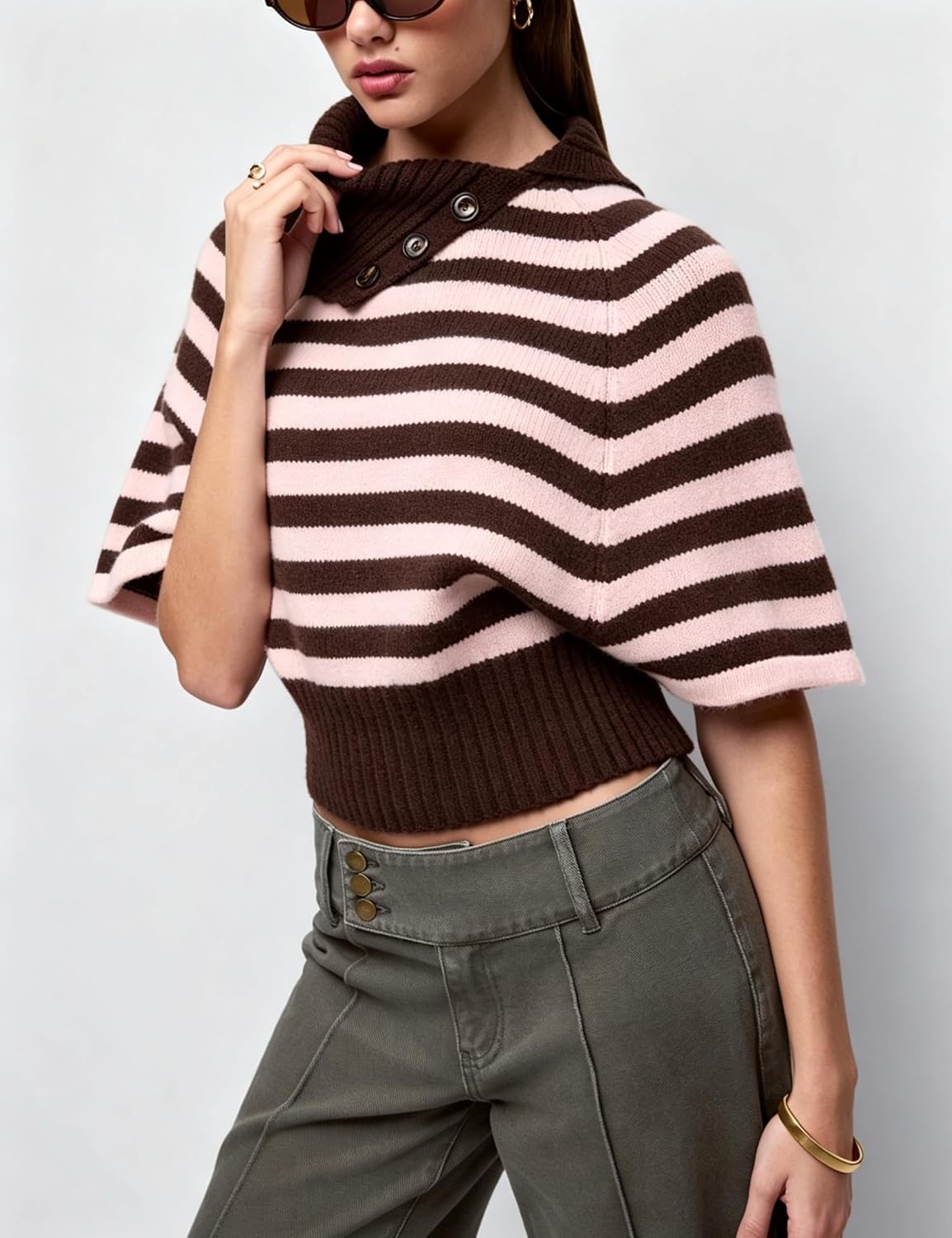 image:imageSpringrain Womens Striped Cropped Knit Sweater Shawl Collar Pullover TopPink