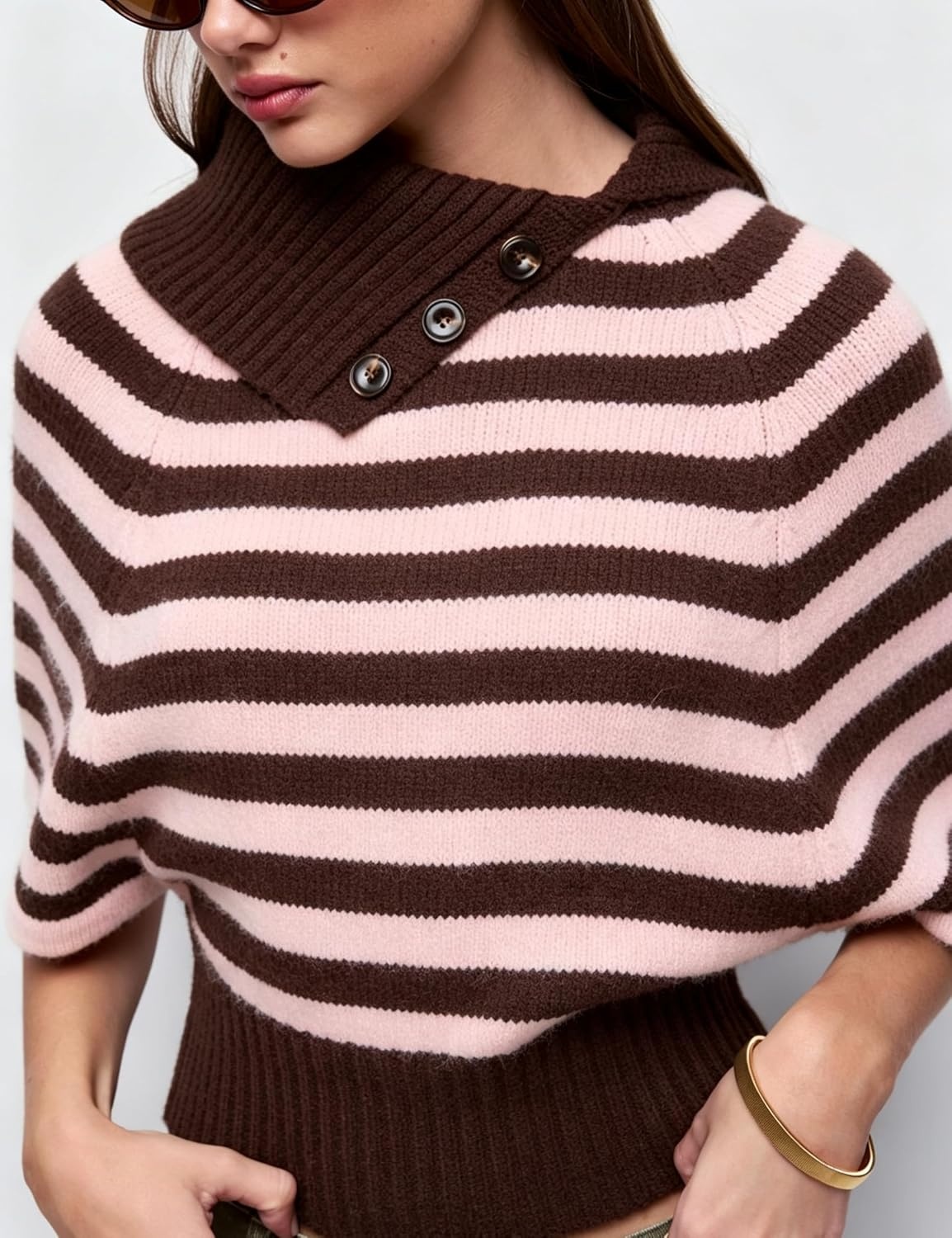 image:imageSpringrain Womens Striped Cropped Knit Sweater Shawl Collar Pullover TopPink