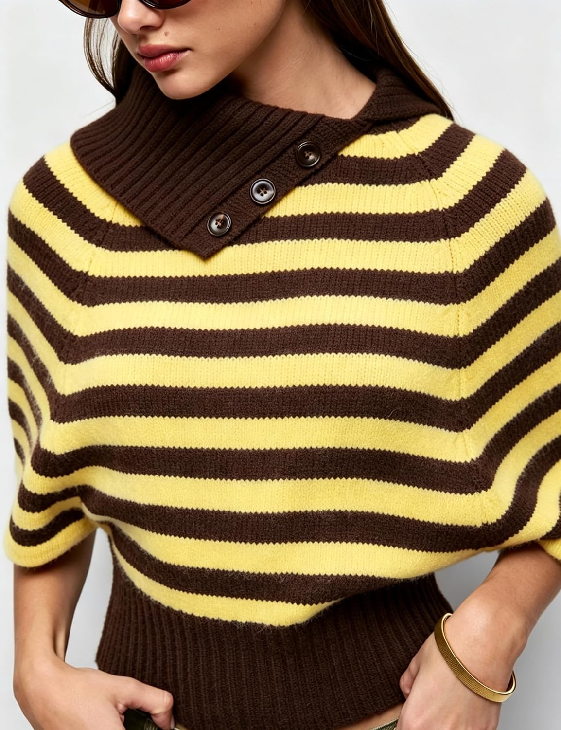 image:imageSpringrain Womens Striped Cropped Knit Sweater Shawl Collar Pullover TopYellow