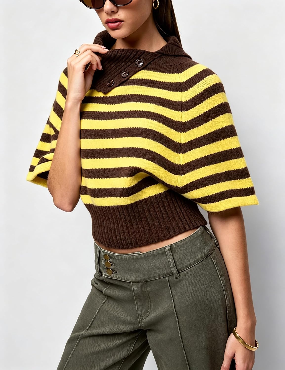 image:imageSpringrain Womens Striped Cropped Knit Sweater Shawl Collar Pullover TopYellow