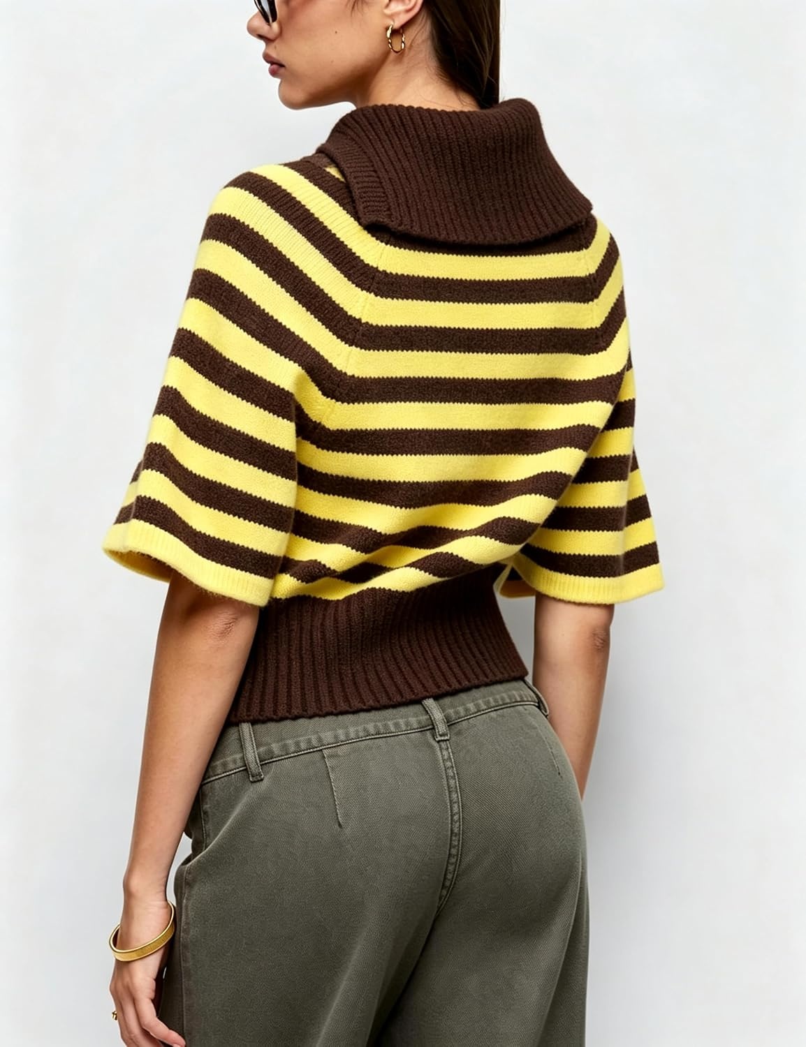 image:imageSpringrain Womens Striped Cropped Knit Sweater Shawl Collar Pullover TopYellow