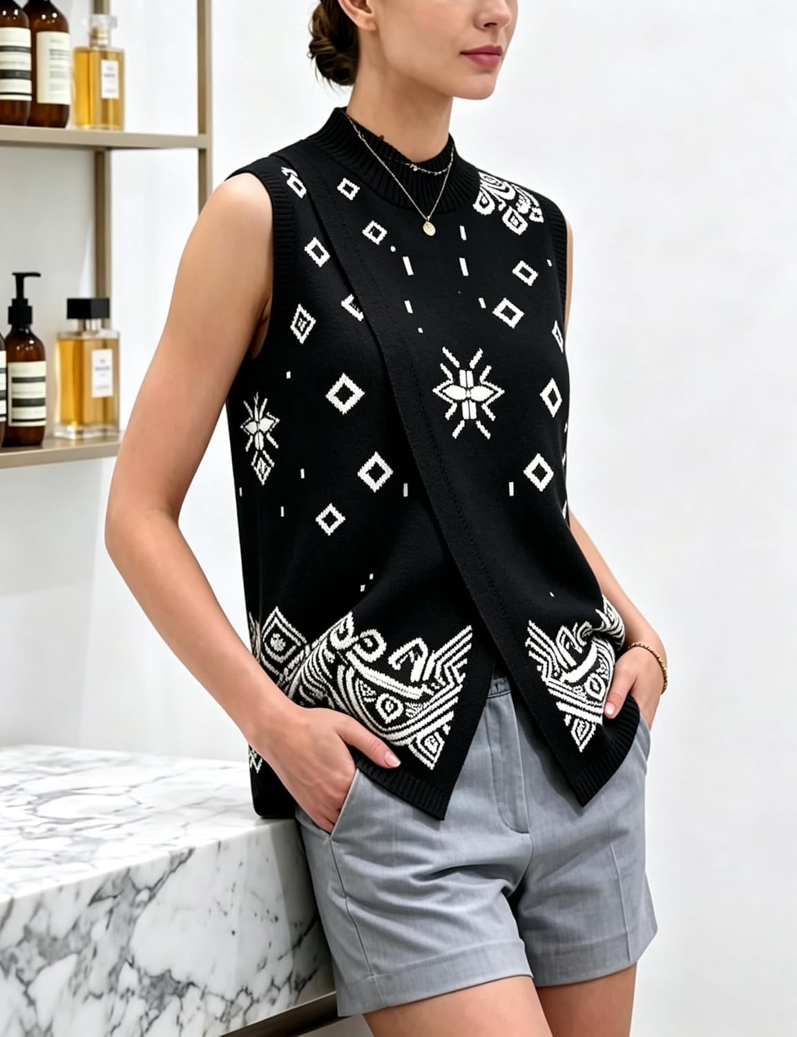 image:imageSpringrain Womens Sweater Vest Side Split Sleeveless Geometric PulloverBlack