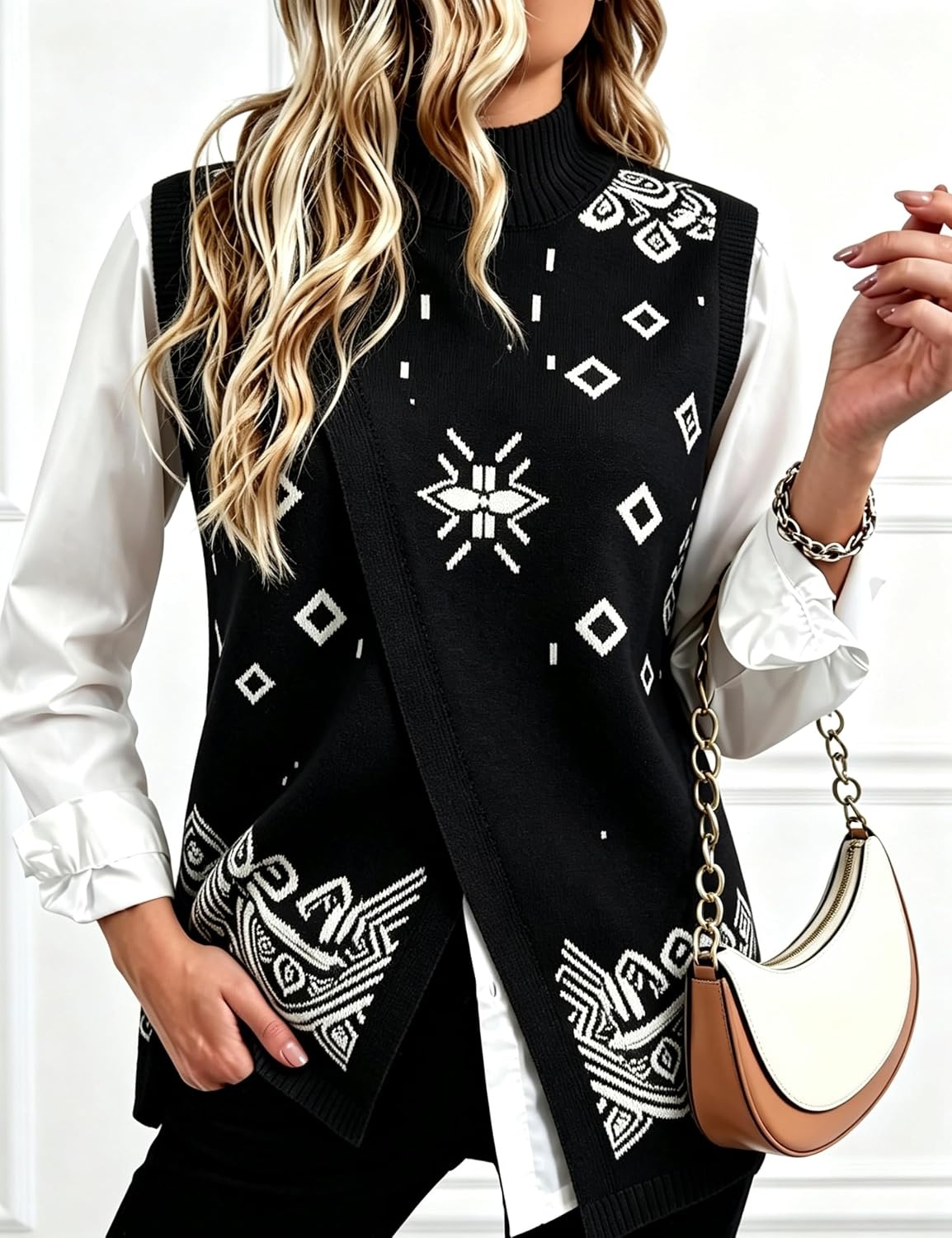 image:imageSpringrain Womens Sweater Vest Side Split Sleeveless Geometric PulloverBlack